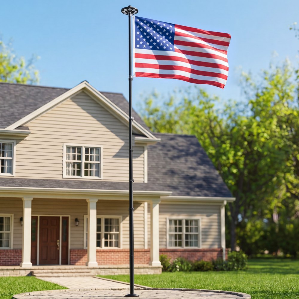 VEVOR Flag Pole, 20ft Heavy Duty Telescopic Flagpole Kit with 136 LED Solar Light for Outside House In Ground, Outdoor Aluminum Flagpole with 3x5 American Flag for Yard, Residential, Commercial, Black