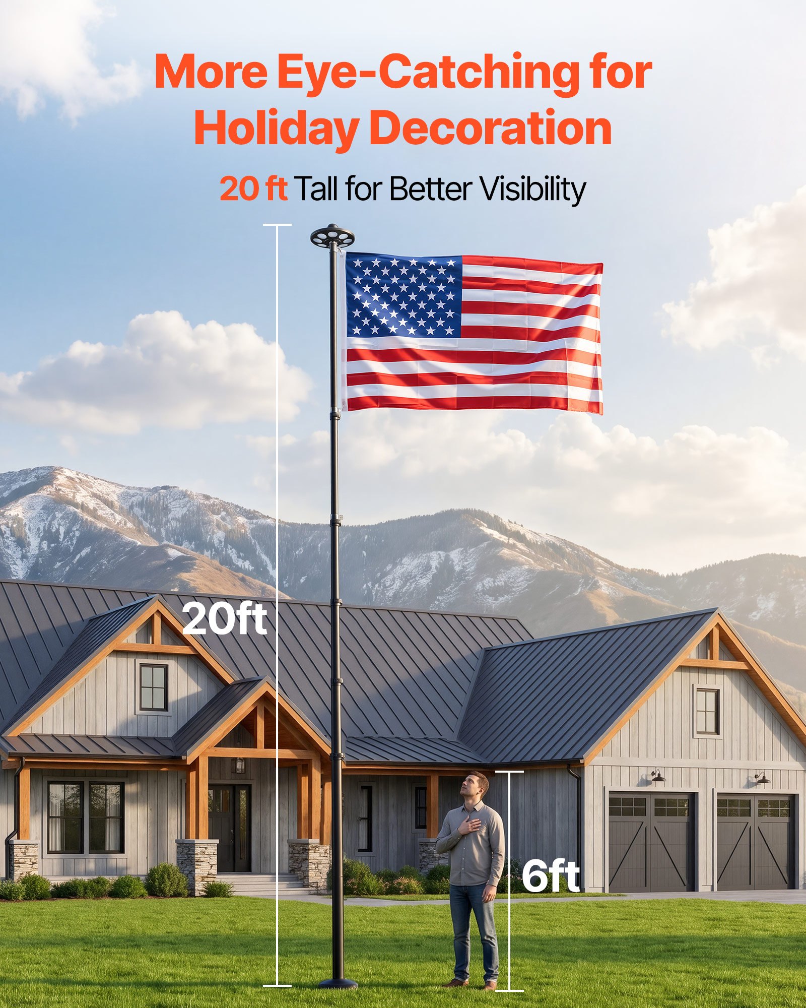 VEVOR Flag Pole, 20ft Heavy Duty Telescopic Flagpole Kit with 136 LED Solar Light for Outside House In Ground, Outdoor Aluminum Flagpole with 3x5 American Flag for Yard, Residential, Commercial, Black