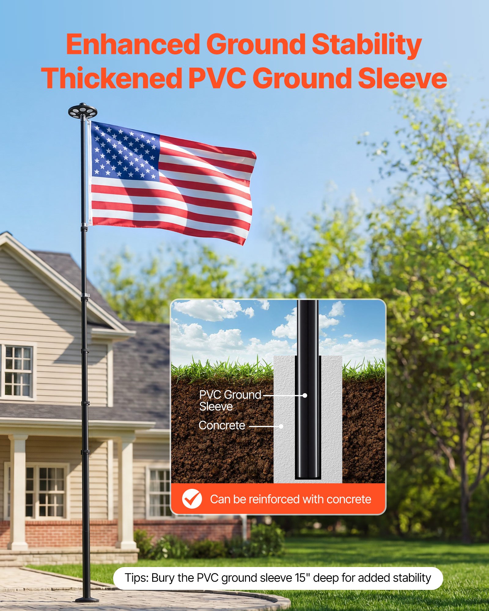 VEVOR Flag Pole, 20ft Heavy Duty Telescopic Flagpole Kit with 136 LED Solar Light for Outside House In Ground, Outdoor Aluminum Flagpole with 3x5 American Flag for Yard, Residential, Commercial, Black