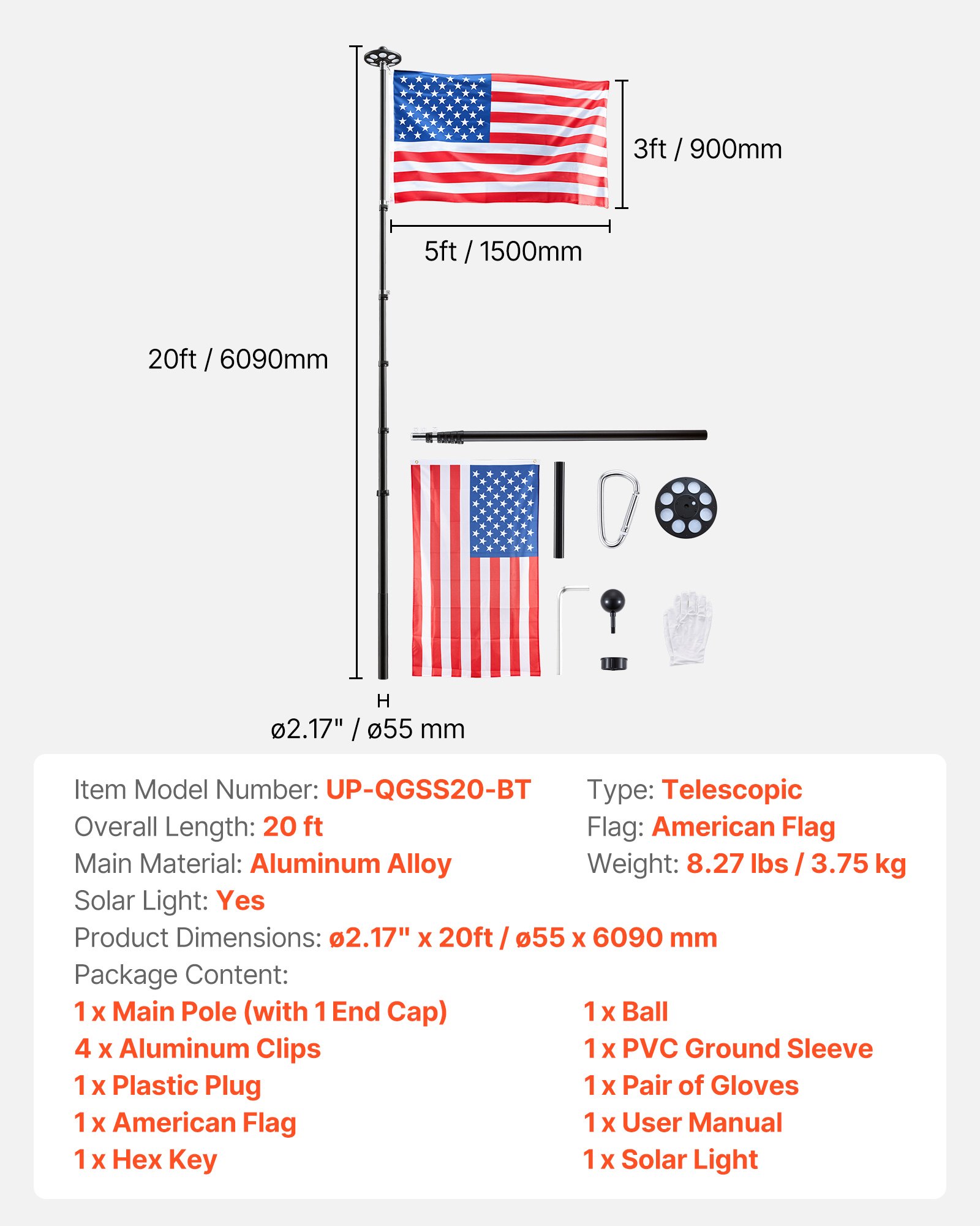 VEVOR Flag Pole, 20ft Heavy Duty Telescopic Flagpole Kit with 136 LED Solar Light for Outside House In Ground, Outdoor Aluminum Flagpole with 3x5 American Flag for Yard, Residential, Commercial, Black