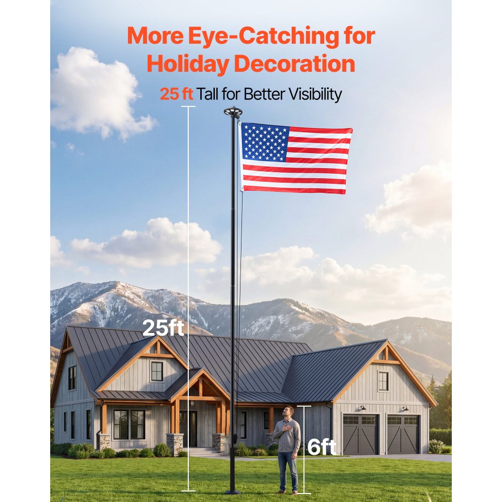 VEVOR Flag Pole, 25ft Heavy Duty Sectional Flagpole Kit with 136 LED Solar Light for Outside House In Ground, Outdoor Aluminum Flagpole with 3x5 American Flag for Yard, Residential, Commercial, Black