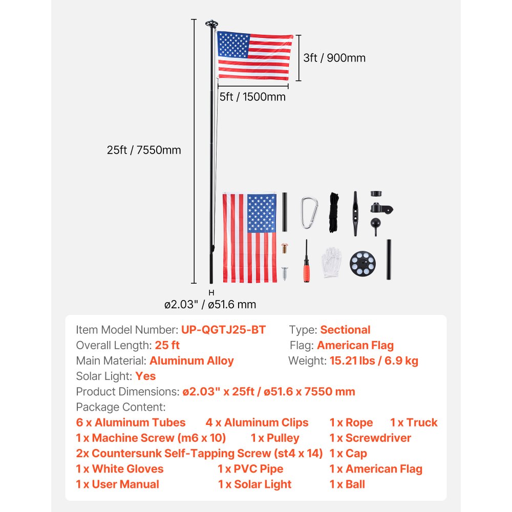 VEVOR Flag Pole, 25ft Heavy Duty Sectional Flagpole Kit with 136 LED Solar Light for Outside House In Ground, Outdoor Aluminum Flagpole with 3x5 American Flag for Yard, Residential, Commercial, Black