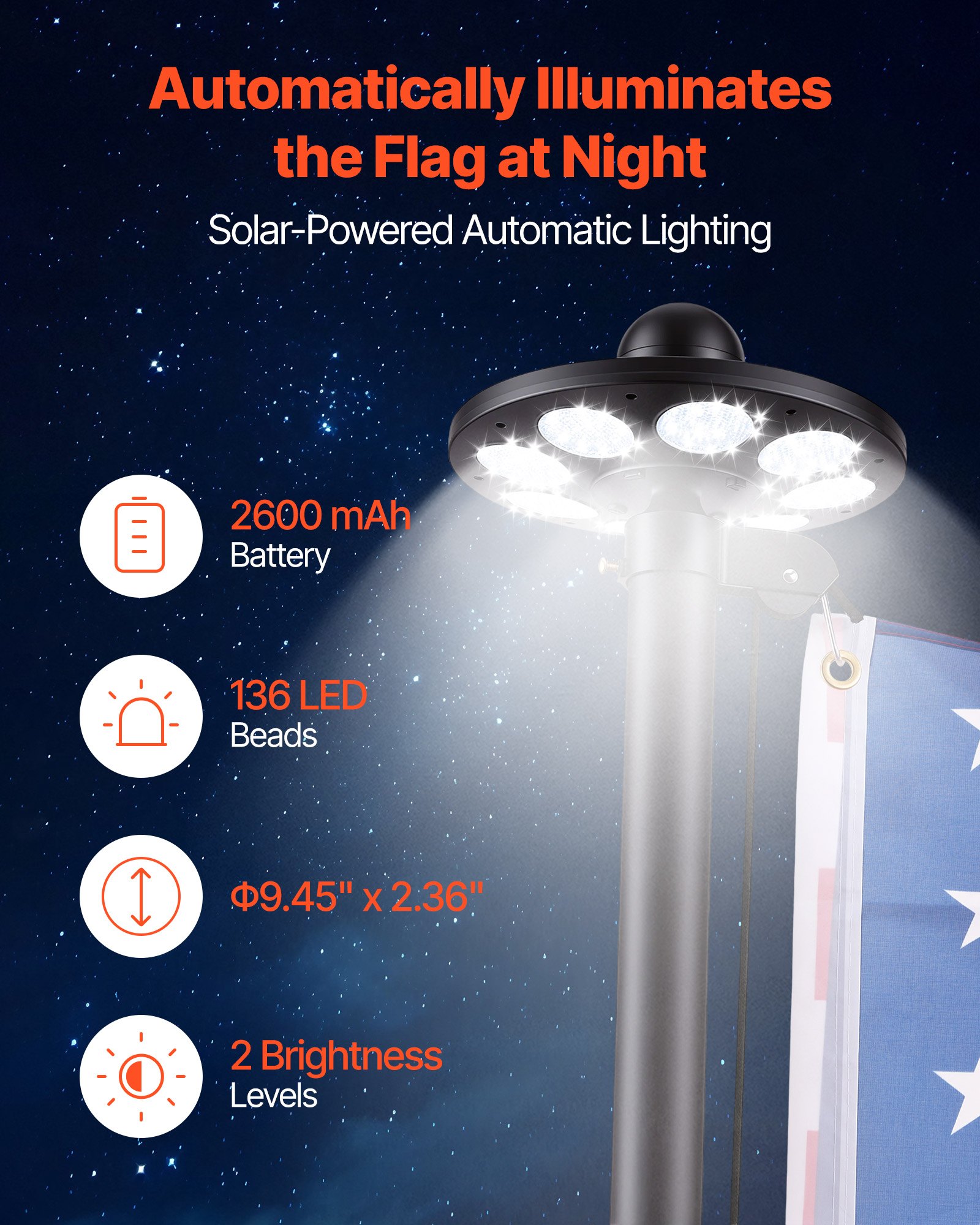 VEVOR Flag Pole, 25ft Heavy Duty Sectional Flagpole Kit with 136 LED Solar Light for Outside House In Ground, Outdoor Aluminum Flagpole with 3x5 American Flag for Yard, Residential, Commercial, Black