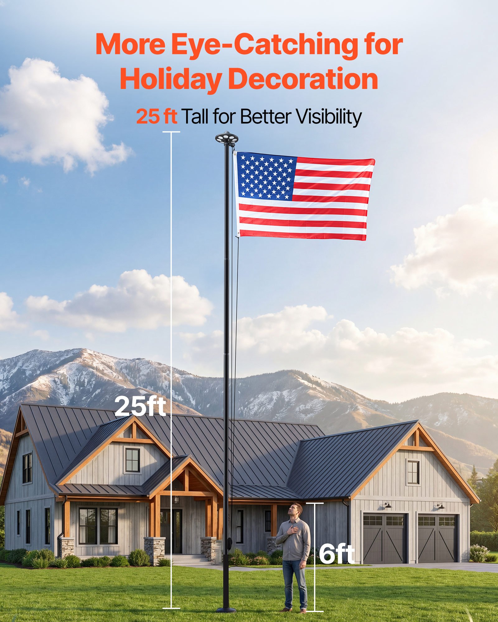 VEVOR Flag Pole, 25ft Heavy Duty Sectional Flagpole Kit with 136 LED Solar Light for Outside House In Ground, Outdoor Aluminum Flagpole with 3x5 American Flag for Yard, Residential, Commercial, Black