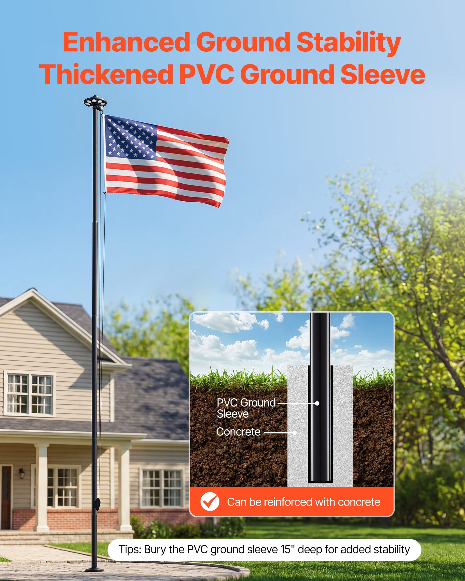 VEVOR Flag Pole, 25ft Heavy Duty Sectional Flagpole Kit with 136 LED Solar Light for Outside House In Ground, Outdoor Aluminum Flagpole with 3x5 American Flag for Yard, Residential, Commercial, Black