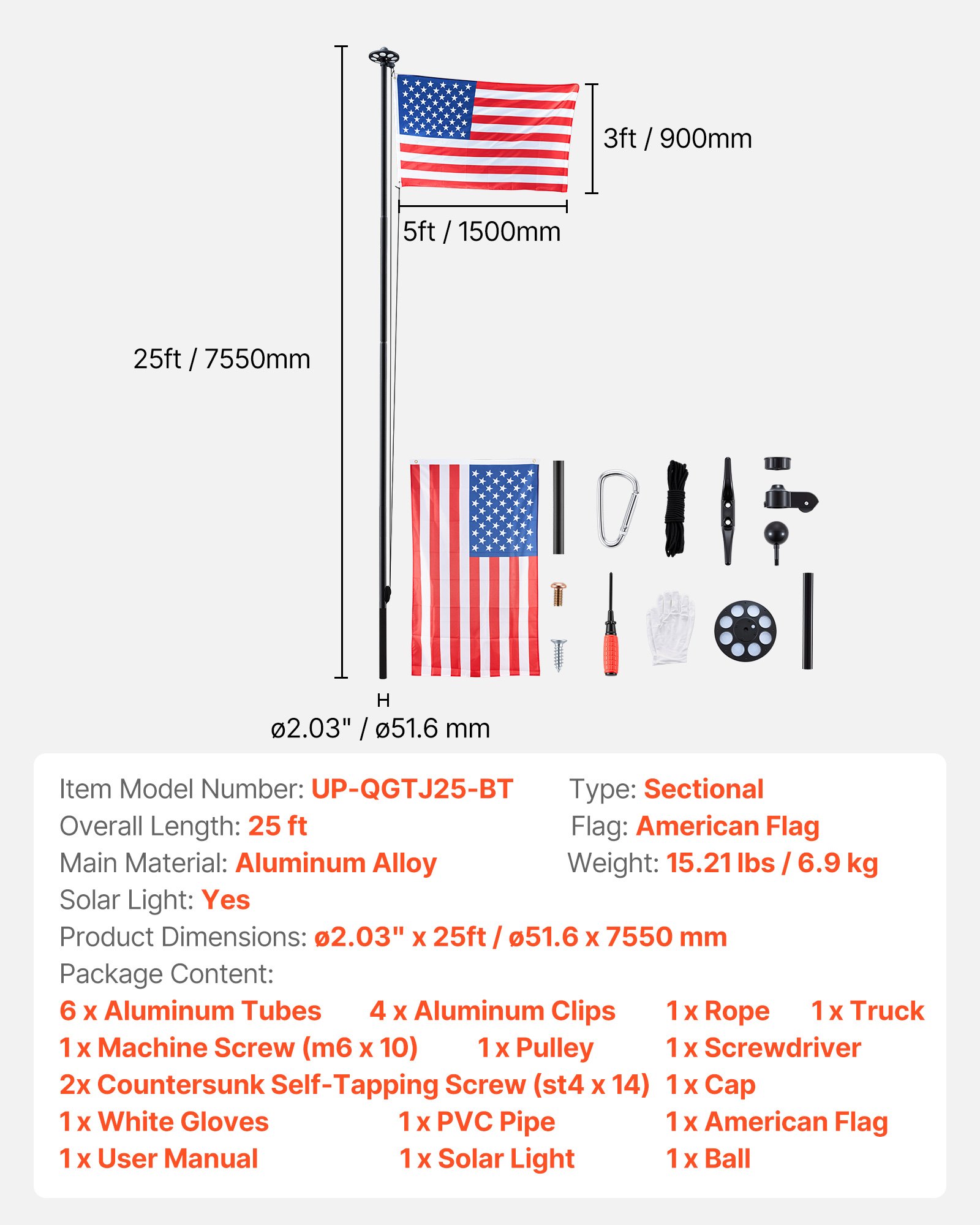 VEVOR Flag Pole, 25ft Heavy Duty Sectional Flagpole Kit with 136 LED Solar Light for Outside House In Ground, Outdoor Aluminum Flagpole with 3x5 American Flag for Yard, Residential, Commercial, Black