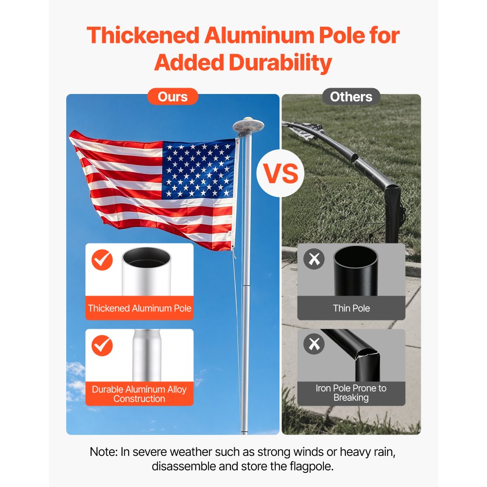 VEVOR Flag Pole, 25ft Heavy Duty Sectional Flagpole Kit with 136 LED Solar Light for Outside House In Ground, Outdoor Aluminum Flagpole with 3x5 American Flag for Yard, Residential, Commercial, Silver