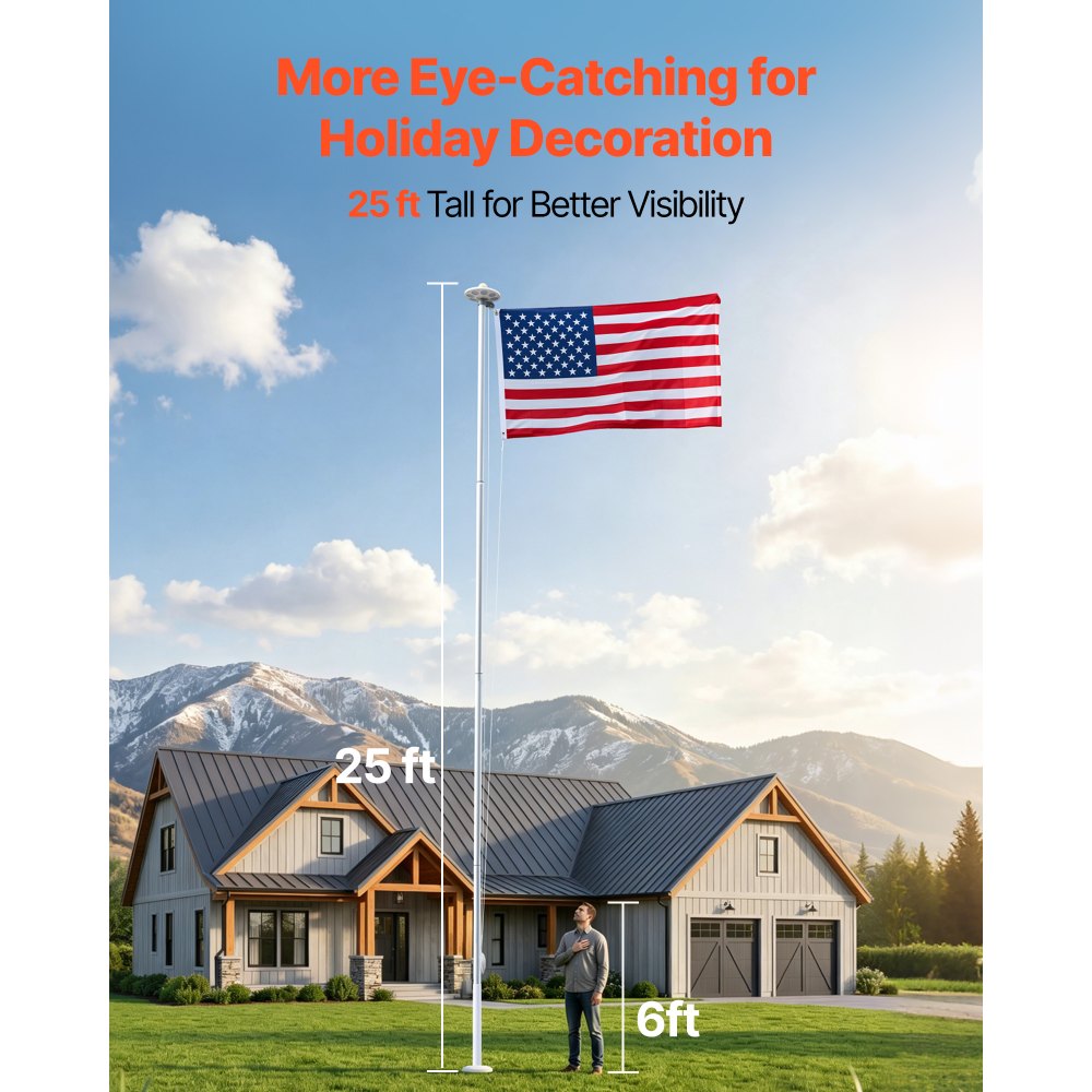 VEVOR Flag Pole, 25ft Heavy Duty Sectional Flagpole Kit with 136 LED Solar Light for Outside House In Ground, Outdoor Aluminum Flagpole with 3x5 American Flag for Yard, Residential, Commercial, Silver