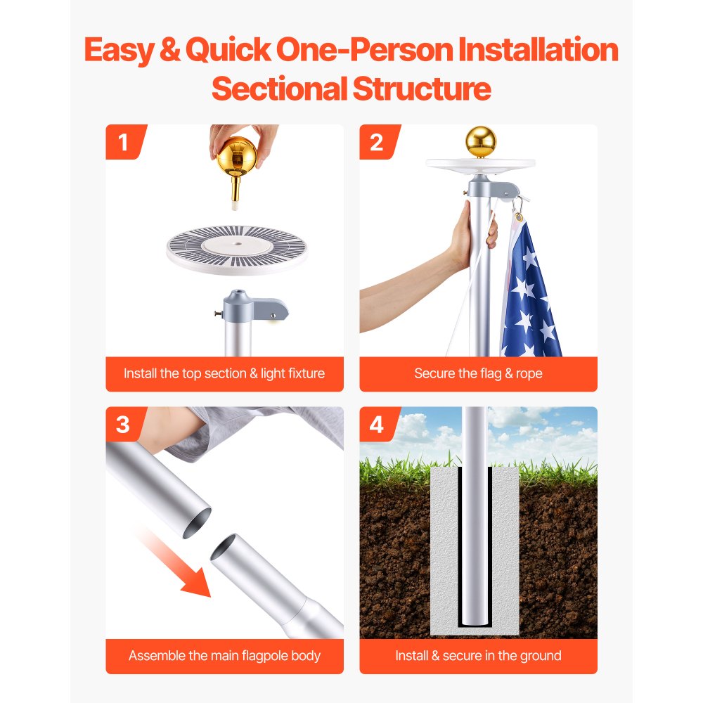 VEVOR Flag Pole, 25ft Heavy Duty Sectional Flagpole Kit with 136 LED Solar Light for Outside House In Ground, Outdoor Aluminum Flagpole with 3x5 American Flag for Yard, Residential, Commercial, Silver