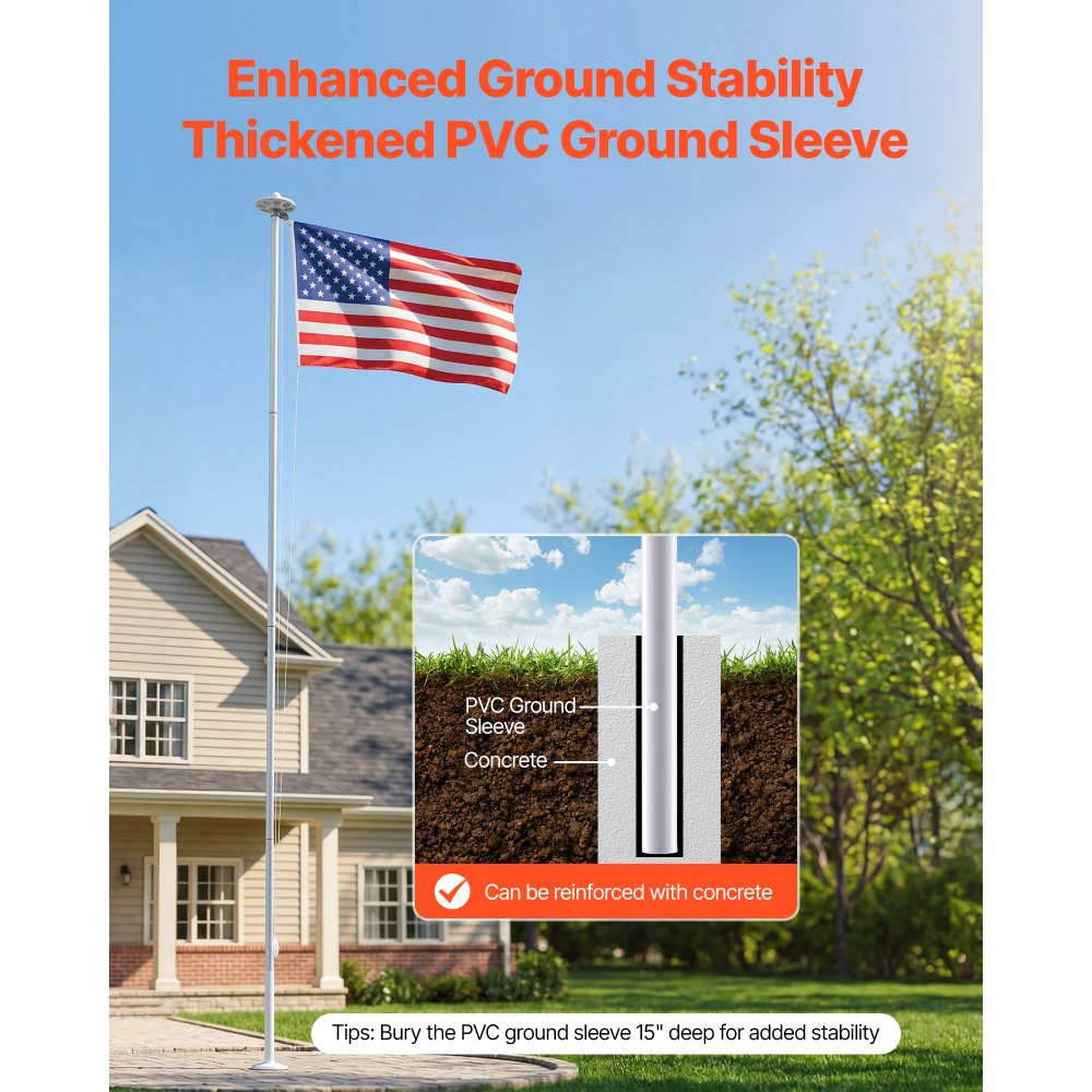 VEVOR Flag Pole, 25ft Heavy Duty Sectional Flagpole Kit with 136 LED Solar Light for Outside House In Ground, Outdoor Aluminum Flagpole with 3x5 American Flag for Yard, Residential, Commercial, Silver