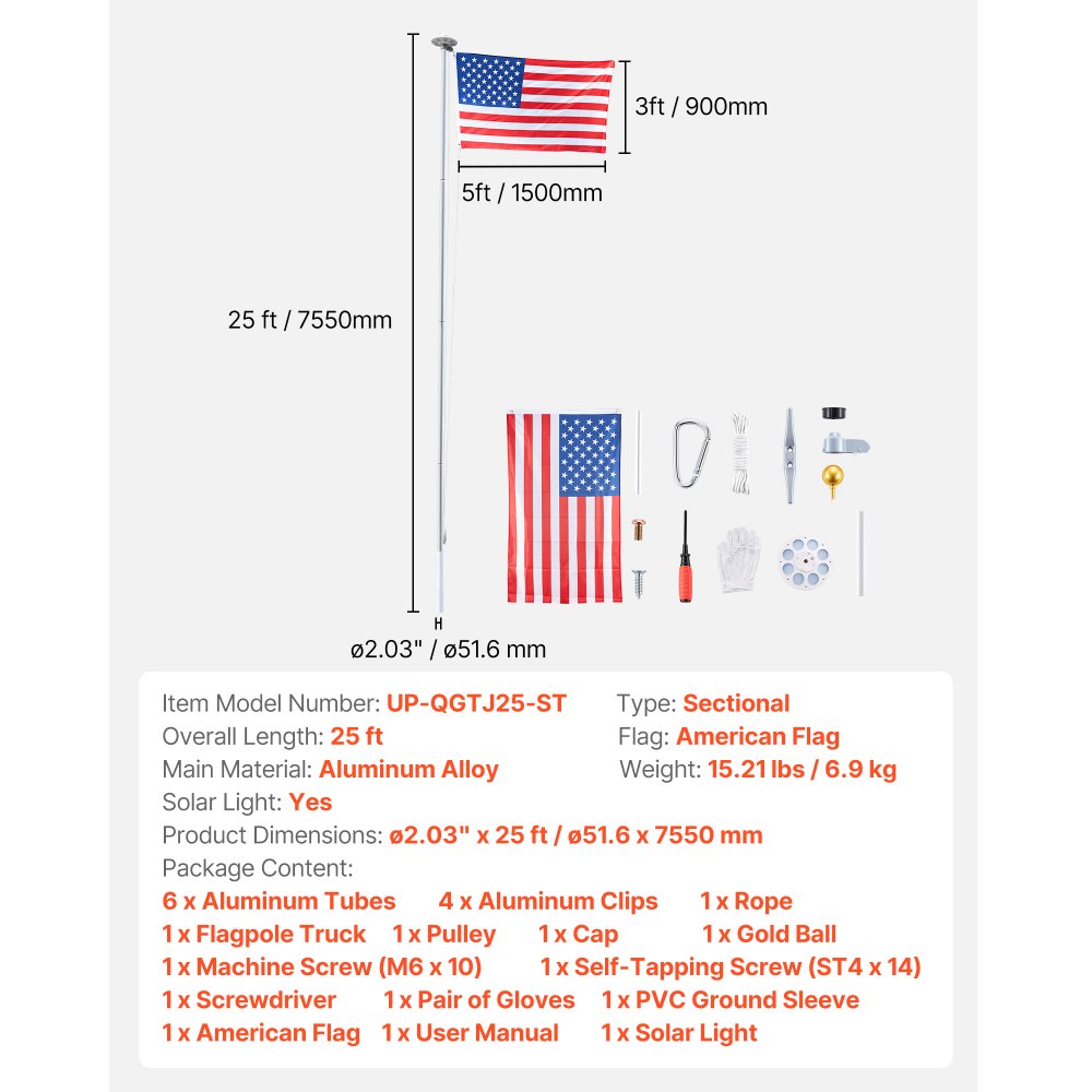 VEVOR Flag Pole, 25ft Heavy Duty Sectional Flagpole Kit with 136 LED Solar Light for Outside House In Ground, Outdoor Aluminum Flagpole with 3x5 American Flag for Yard, Residential, Commercial, Silver