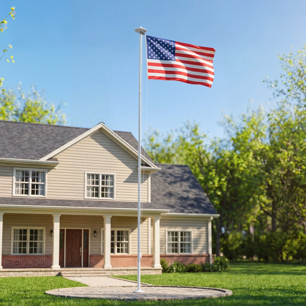 VEVOR Flag Pole, 25ft Heavy Duty Sectional Flagpole Kit with 136 LED Solar Light for Outside House In Ground, Outdoor Aluminum Flagpole with 3x5 American Flag for Yard, Residential, Commercial, Silver