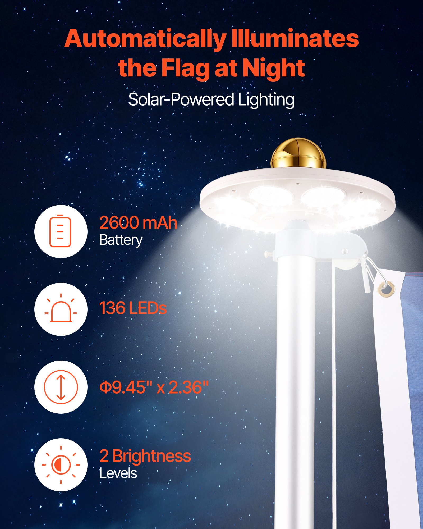 VEVOR Flag Pole, 25ft Heavy Duty Sectional Flagpole Kit with 136 LED Solar Light for Outside House In Ground, Outdoor Aluminum Flagpole with 3x5 American Flag for Yard, Residential, Commercial, Silver