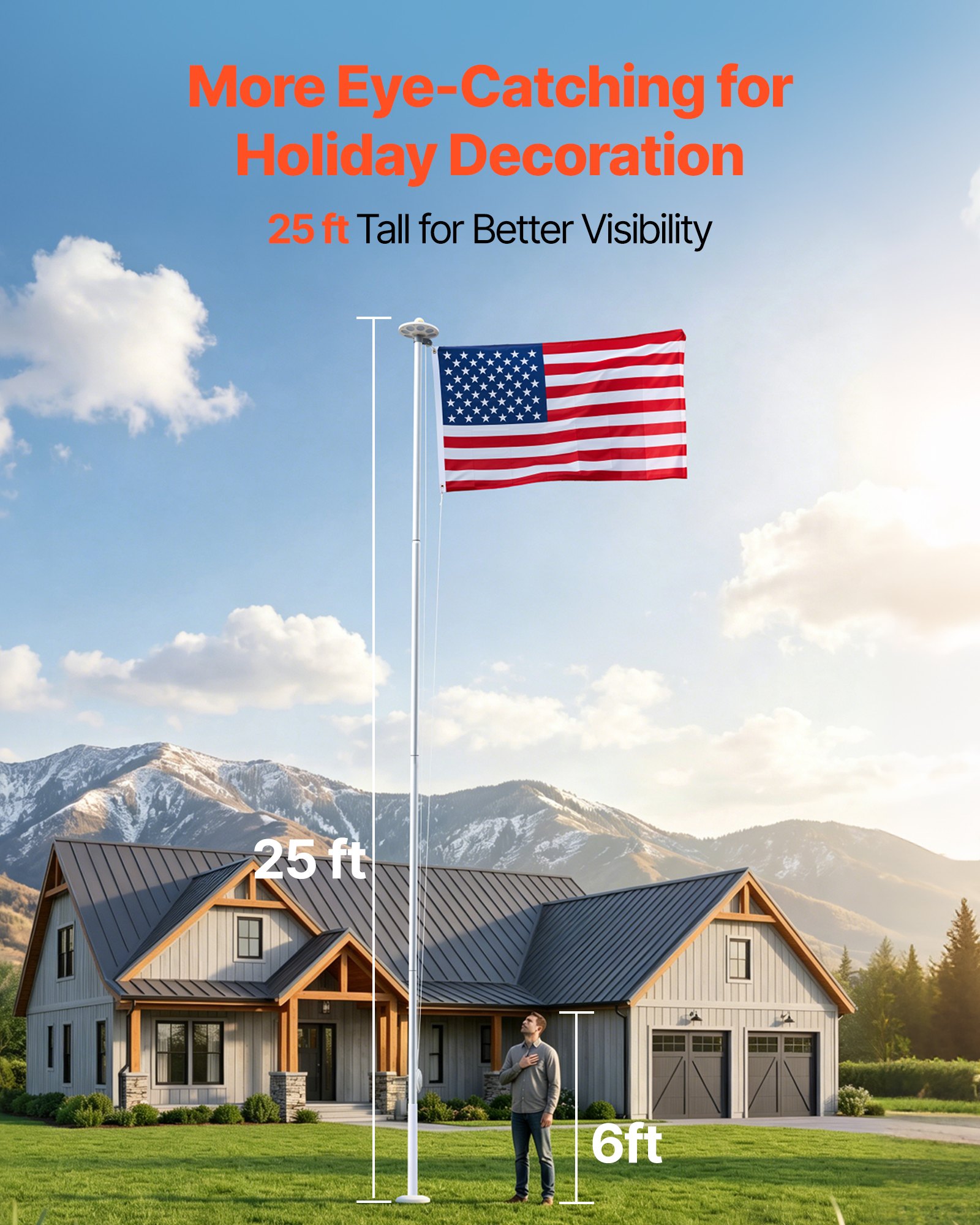 VEVOR Flag Pole, 25ft Heavy Duty Sectional Flagpole Kit with 136 LED Solar Light for Outside House In Ground, Outdoor Aluminum Flagpole with 3x5 American Flag for Yard, Residential, Commercial, Silver