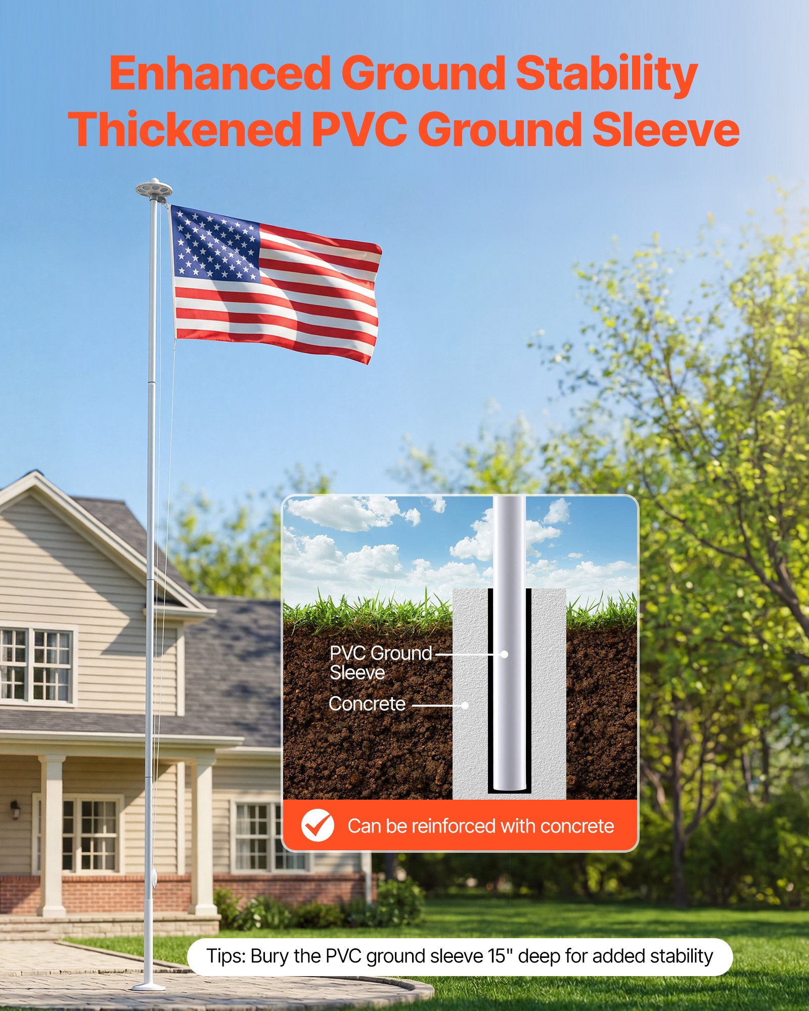 VEVOR Flag Pole, 25ft Heavy Duty Sectional Flagpole Kit with 136 LED Solar Light for Outside House In Ground, Outdoor Aluminum Flagpole with 3x5 American Flag for Yard, Residential, Commercial, Silver