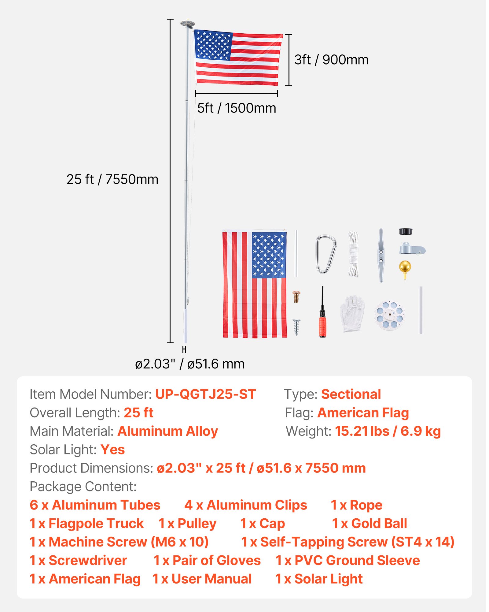 VEVOR Flag Pole, 25ft Heavy Duty Sectional Flagpole Kit with 136 LED Solar Light for Outside House In Ground, Outdoor Aluminum Flagpole with 3x5 American Flag for Yard, Residential, Commercial, Silver