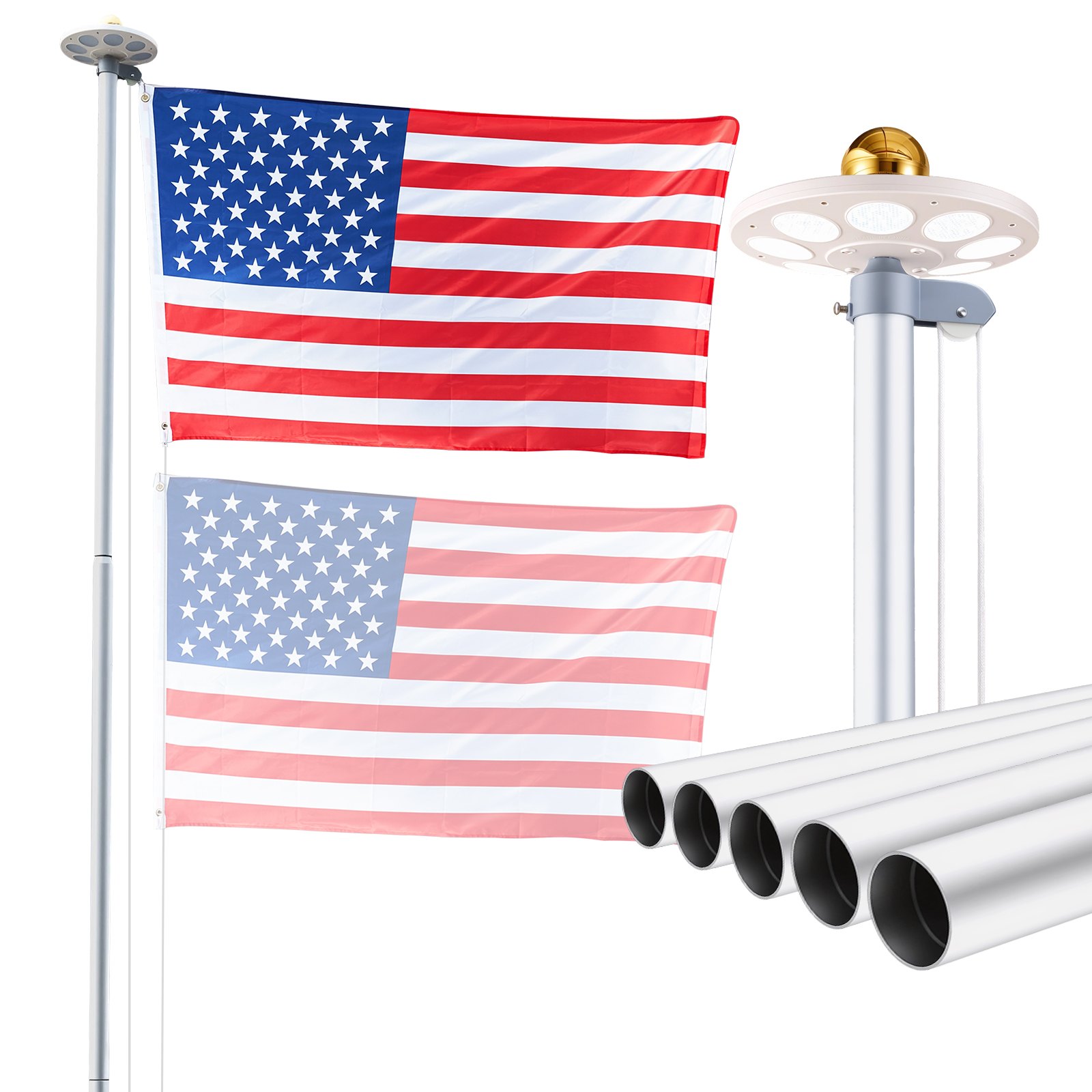 VEVOR Flag Pole, 25ft Heavy Duty Sectional Flagpole Kit with 136 LED Solar Light for Outside House In Ground, Outdoor Aluminum Flagpole with 3x5 American Flag for Yard, Residential, Commercial, Silver