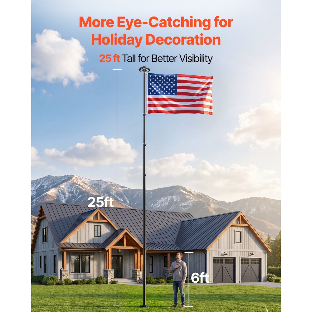 VEVOR Flag Pole, 25ft Heavy Duty Telescopic Flagpole Kit with 136 LED Solar Light for Outside House In Ground, Outdoor Aluminum Flagpole with 3x5 American Flag for Yard, Residential, Commercial, Black