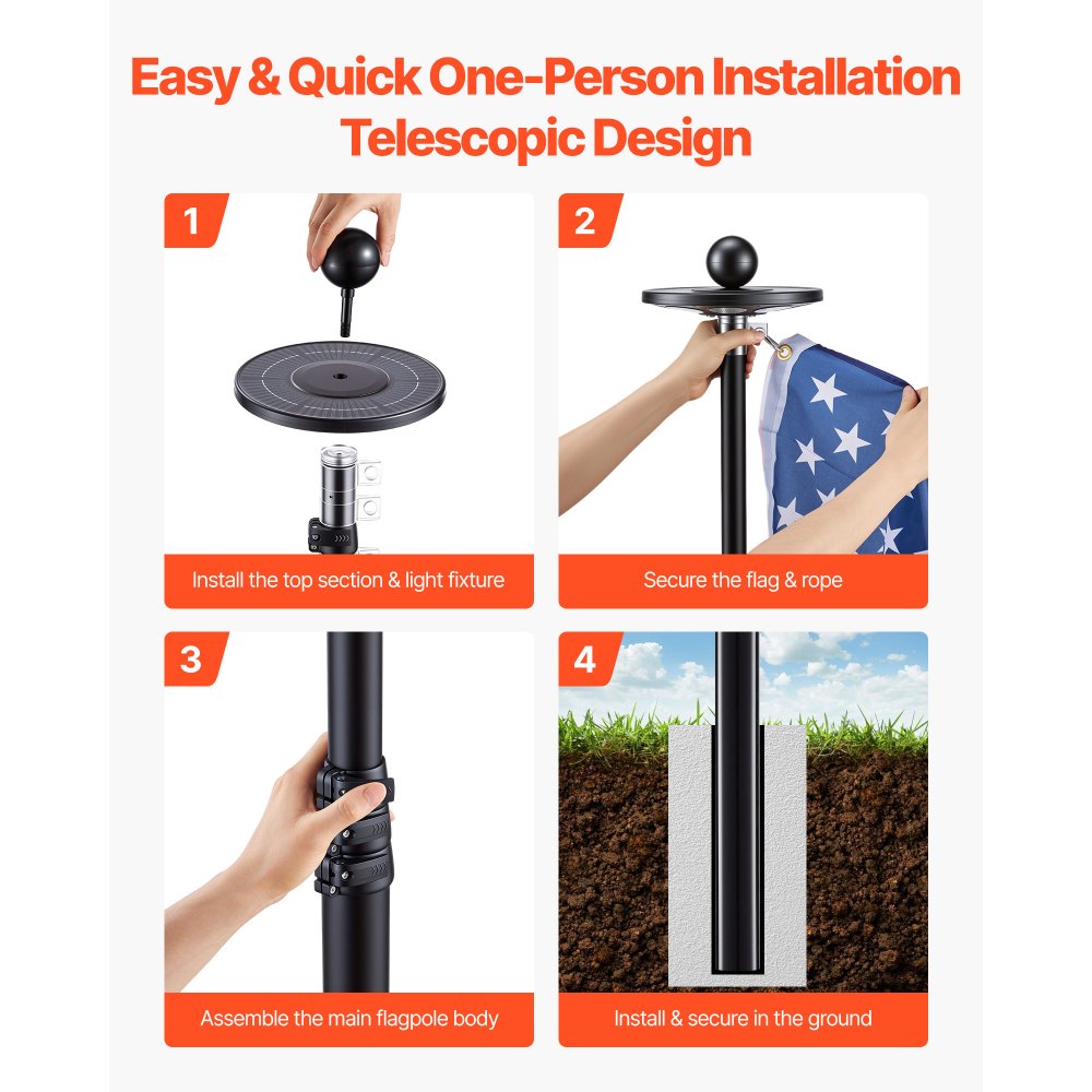 VEVOR Flag Pole, 25ft Heavy Duty Telescopic Flagpole Kit with 136 LED Solar Light for Outside House In Ground, Outdoor Aluminum Flagpole with 3x5 American Flag for Yard, Residential, Commercial, Black