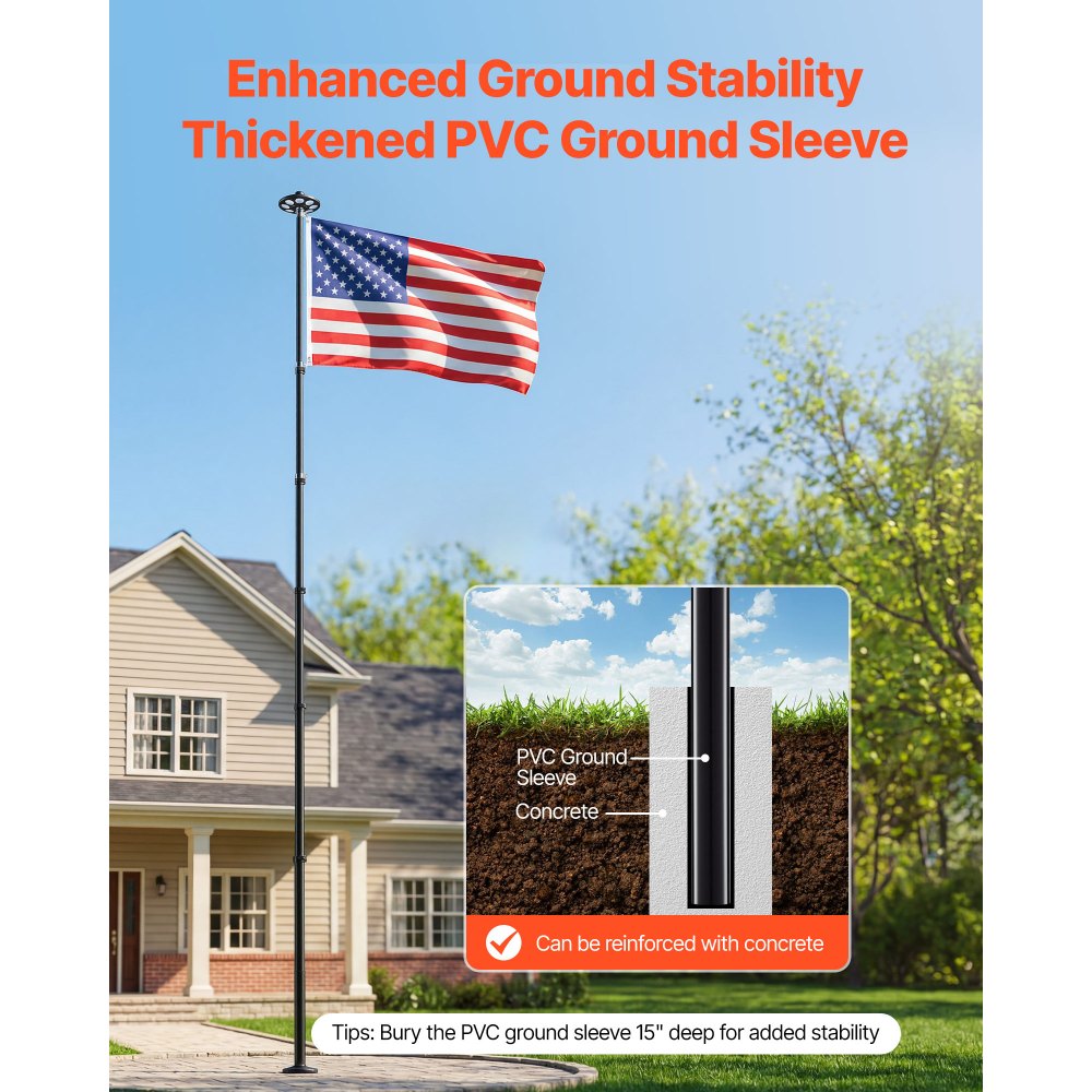 VEVOR Flag Pole, 25ft Heavy Duty Telescopic Flagpole Kit with 136 LED Solar Light for Outside House In Ground, Outdoor Aluminum Flagpole with 3x5 American Flag for Yard, Residential, Commercial, Black