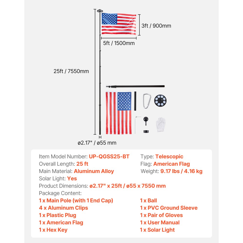 VEVOR Flag Pole, 25ft Heavy Duty Telescopic Flagpole Kit with 136 LED Solar Light for Outside House In Ground, Outdoor Aluminum Flagpole with 3x5 American Flag for Yard, Residential, Commercial, Black