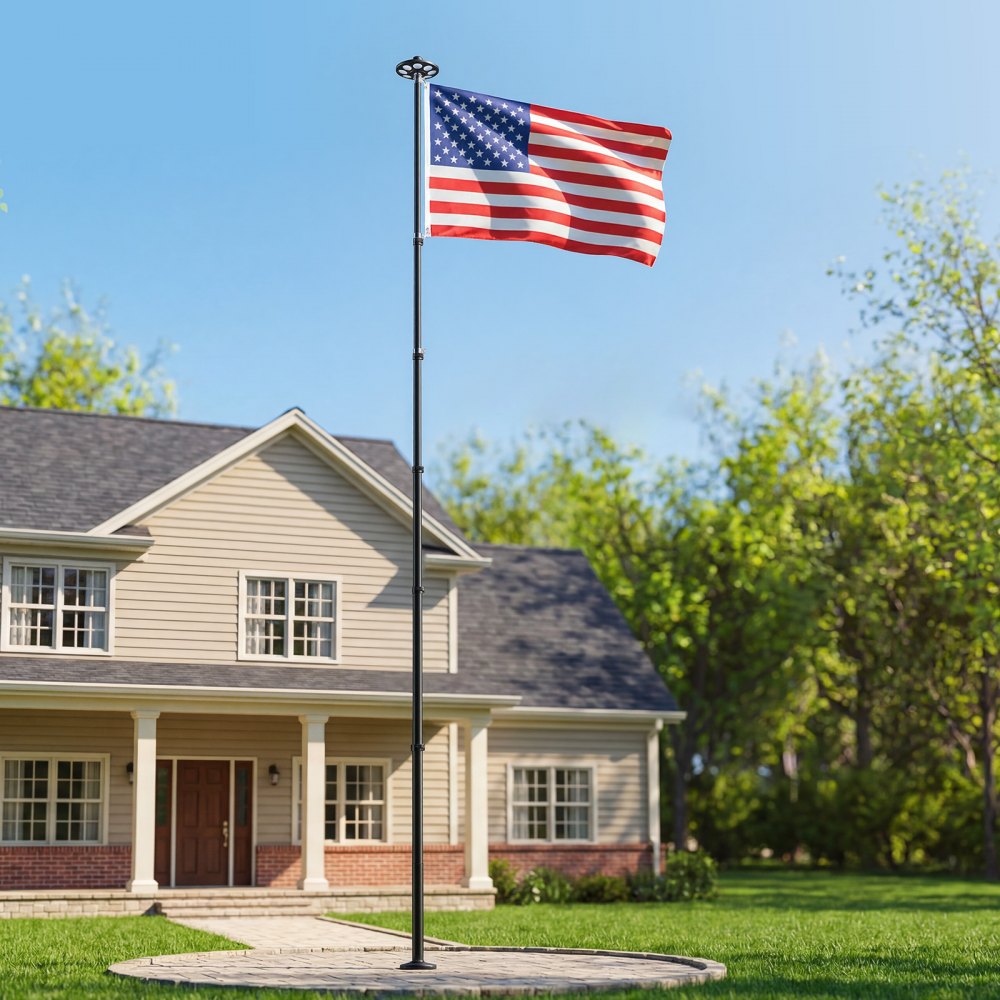 VEVOR Flag Pole, 25ft Heavy Duty Telescopic Flagpole Kit with 136 LED Solar Light for Outside House In Ground, Outdoor Aluminum Flagpole with 3x5 American Flag for Yard, Residential, Commercial, Black