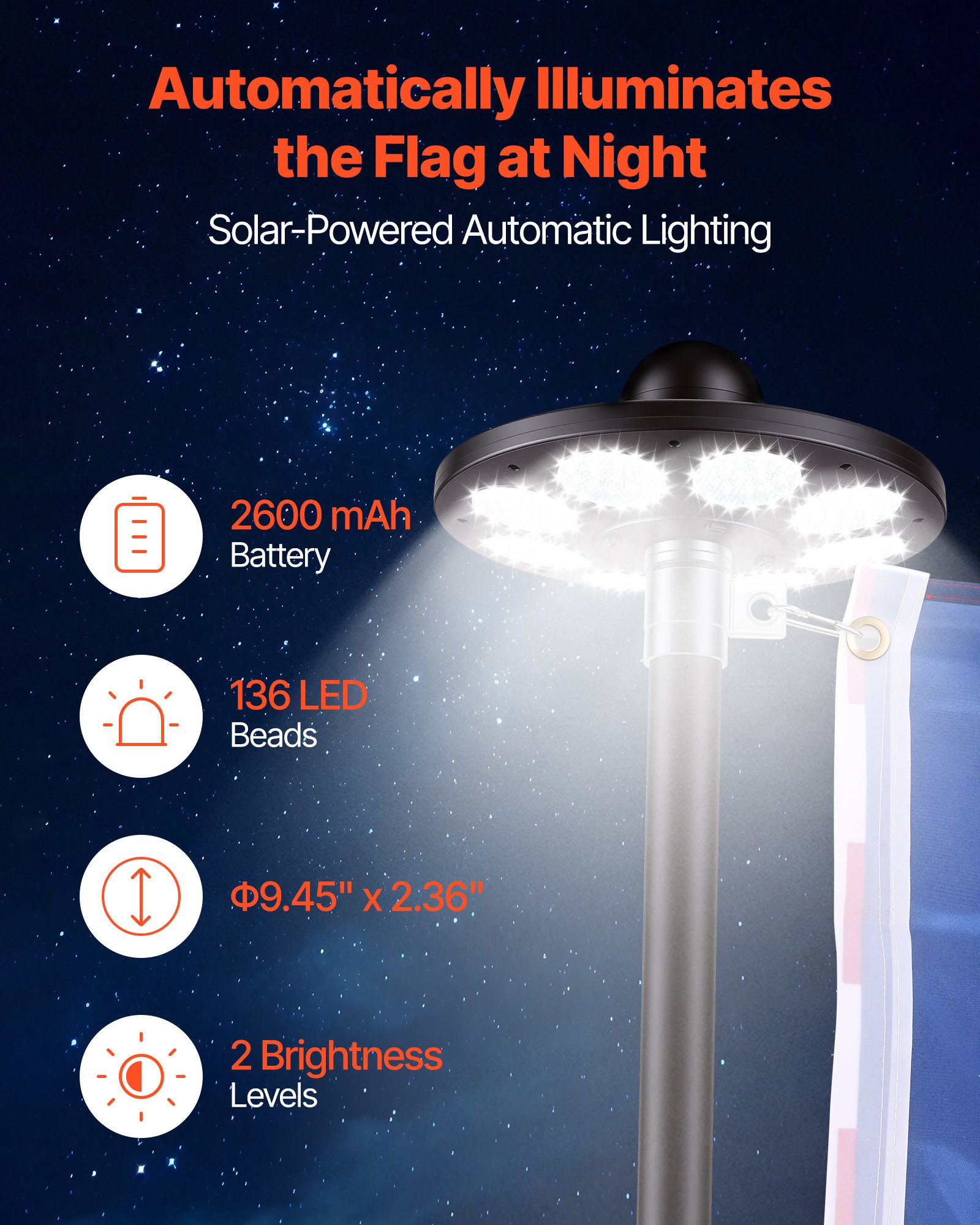 VEVOR Flag Pole, 25ft Heavy Duty Telescopic Flagpole Kit with 136 LED Solar Light for Outside House In Ground, Outdoor Aluminum Flagpole with 3x5 American Flag for Yard, Residential, Commercial, Black