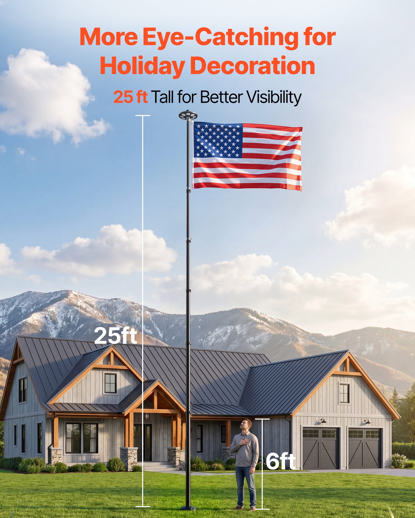 VEVOR Flag Pole, 25ft Heavy Duty Telescopic Flagpole Kit with 136 LED Solar Light for Outside House In Ground, Outdoor Aluminum Flagpole with 3x5 American Flag for Yard, Residential, Commercial, Black