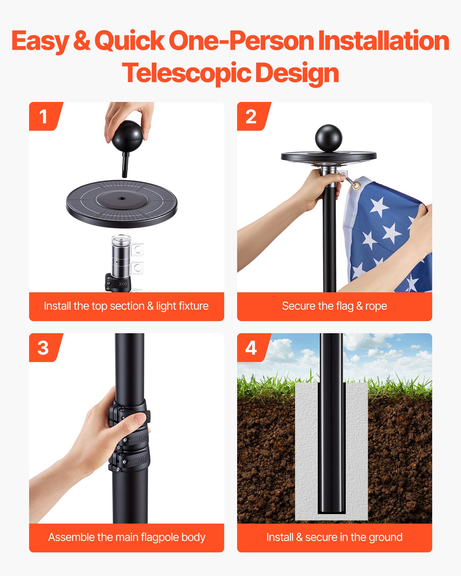 VEVOR Flag Pole, 25ft Heavy Duty Telescopic Flagpole Kit with 136 LED Solar Light for Outside House In Ground, Outdoor Aluminum Flagpole with 3x5 American Flag for Yard, Residential, Commercial, Black