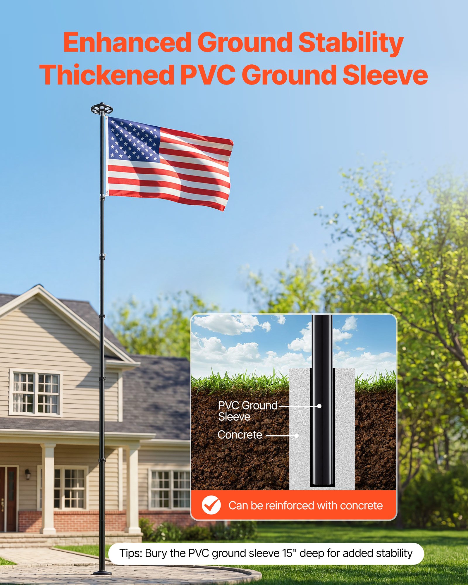 VEVOR Flag Pole, 25ft Heavy Duty Telescopic Flagpole Kit with 136 LED Solar Light for Outside House In Ground, Outdoor Aluminum Flagpole with 3x5 American Flag for Yard, Residential, Commercial, Black