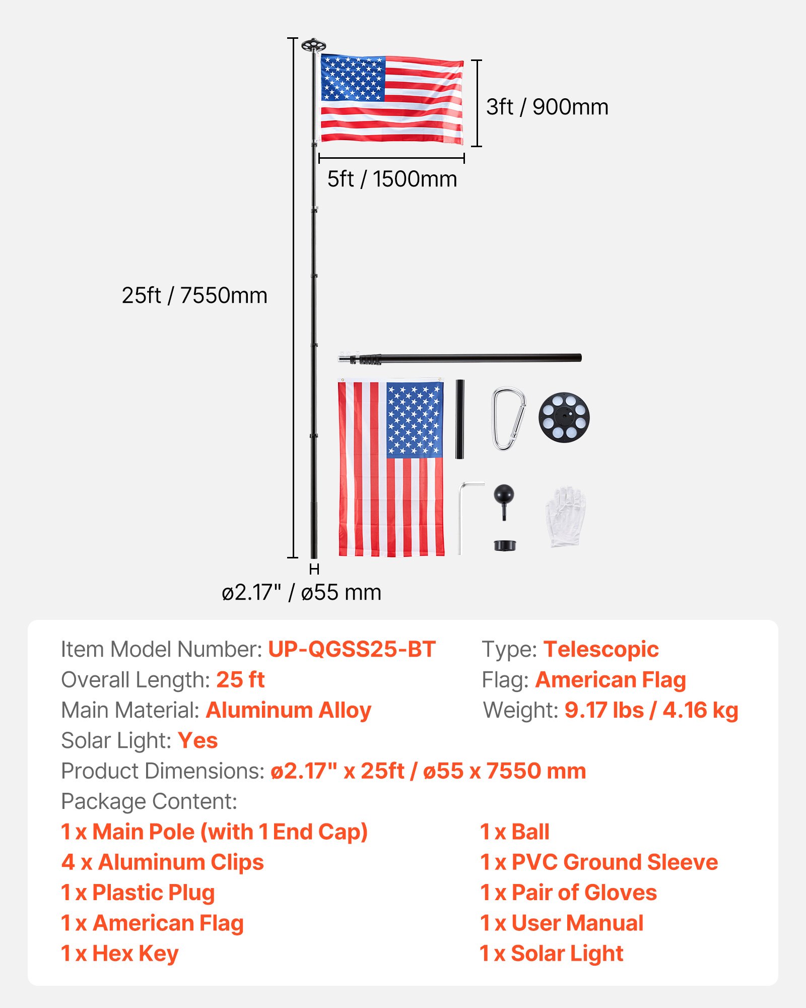 VEVOR Flag Pole, 25ft Heavy Duty Telescopic Flagpole Kit with 136 LED Solar Light for Outside House In Ground, Outdoor Aluminum Flagpole with 3x5 American Flag for Yard, Residential, Commercial, Black