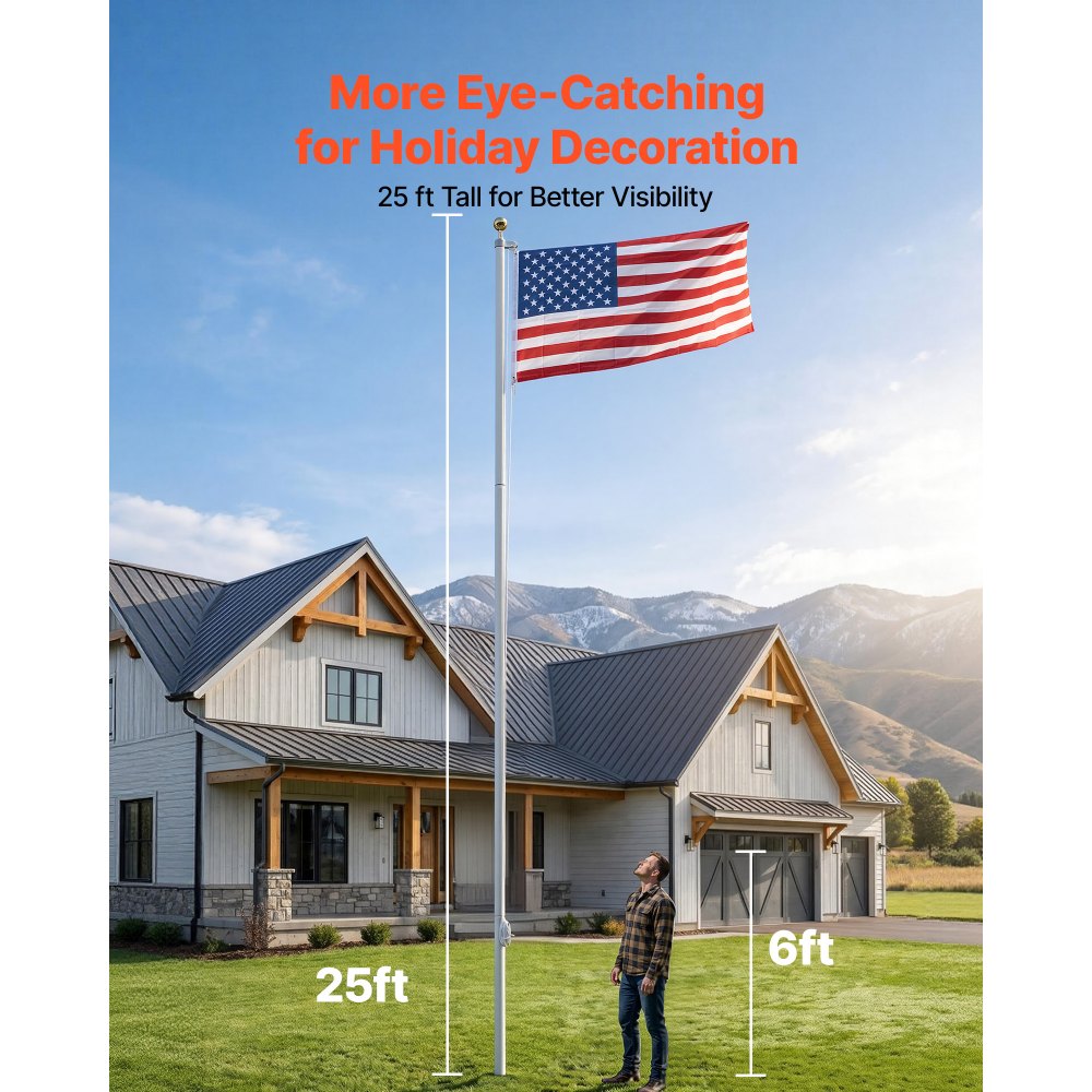 VEVOR Flag Pole, 25ft Heavy Duty Sectional Flagpole Kit for Outside House In Ground, Extra Thick Outdoor Aluminum Flagpole Kit with 3x5 American Flag for Yard, Residential or Commercial Use, Silver