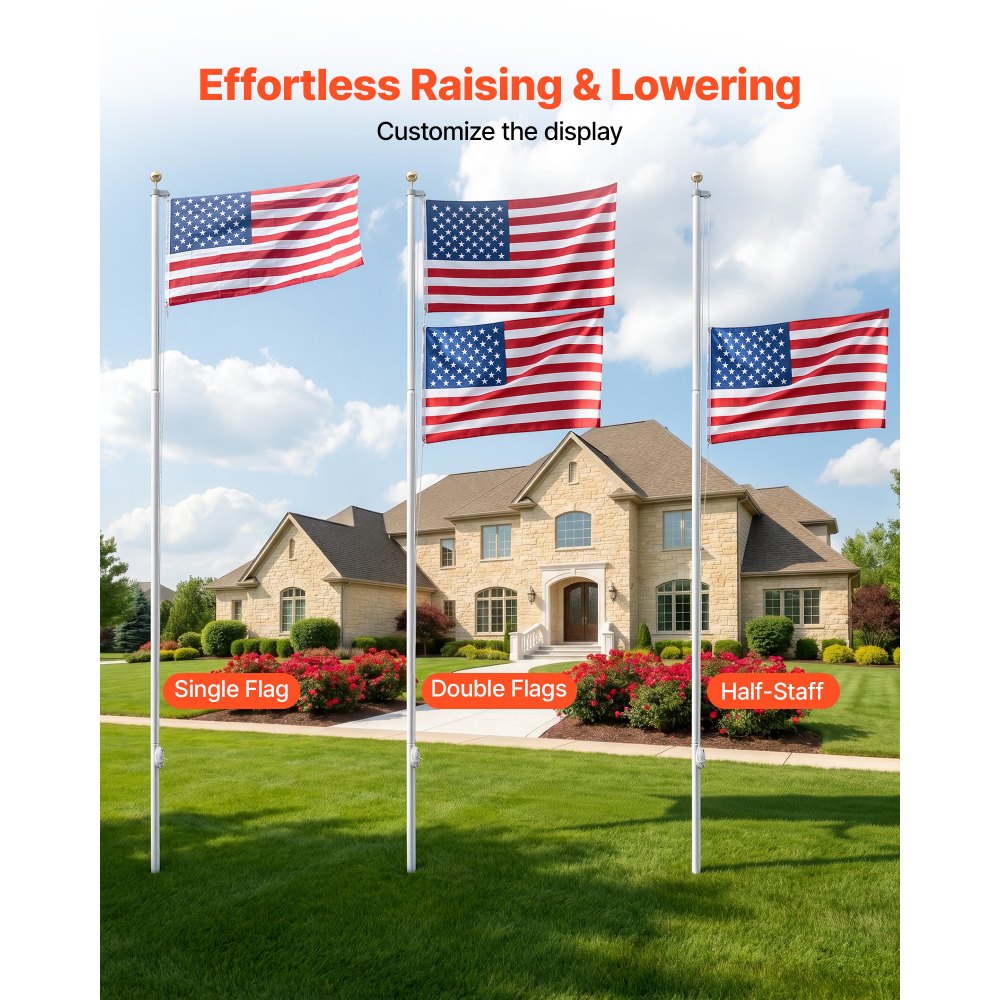 VEVOR Flag Pole, 25ft Heavy Duty Sectional Flagpole Kit for Outside House In Ground, Extra Thick Outdoor Aluminum Flagpole Kit with 3x5 American Flag for Yard, Residential or Commercial Use, Silver