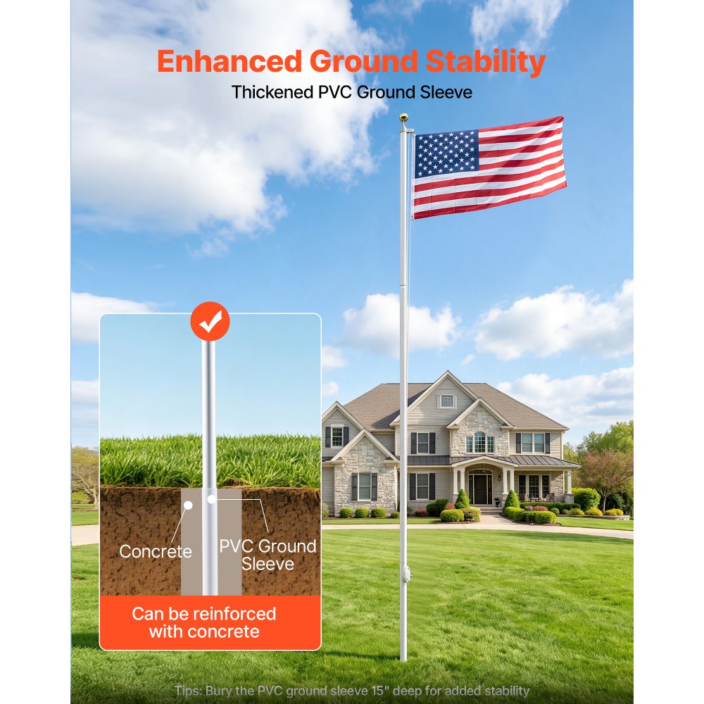 VEVOR Flag Pole, 25ft Heavy Duty Sectional Flagpole Kit for Outside House In Ground, Extra Thick Outdoor Aluminum Flagpole Kit with 3x5 American Flag for Yard, Residential or Commercial Use, Silver