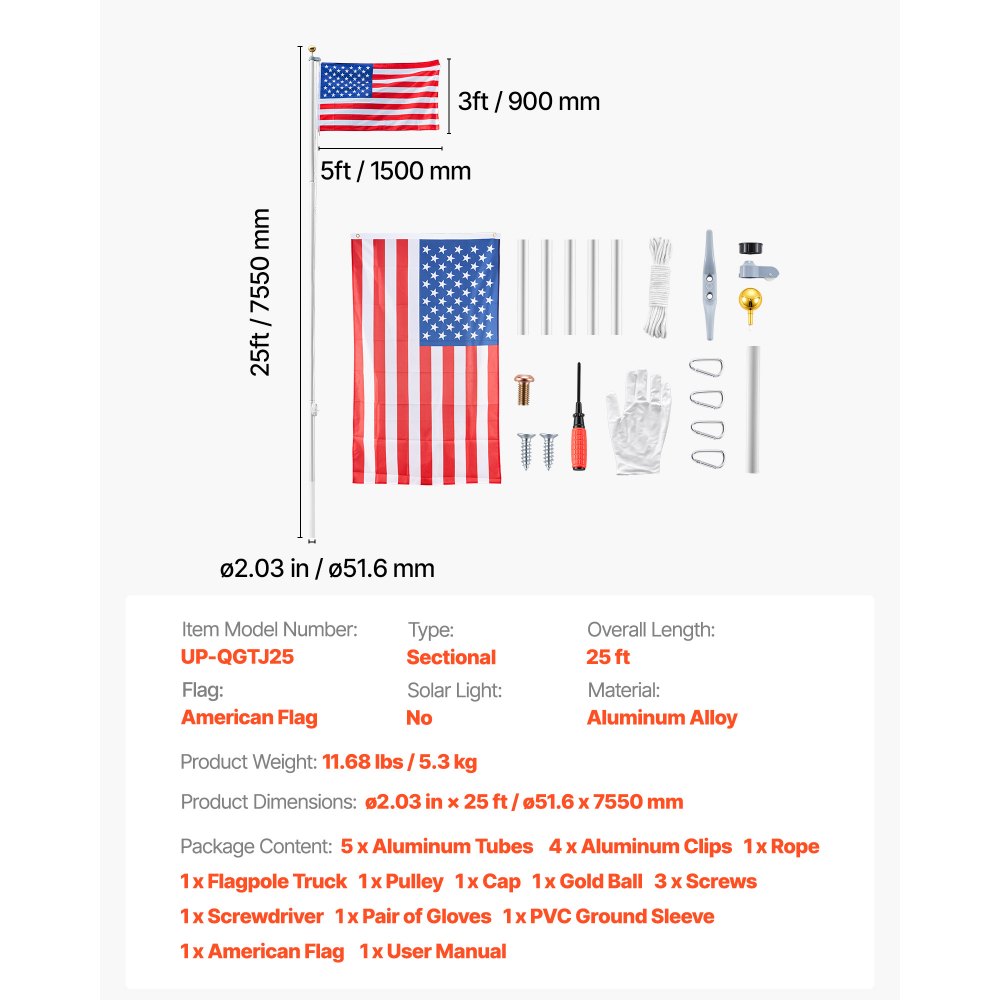 VEVOR Flag Pole, 25ft Heavy Duty Sectional Flagpole Kit for Outside House In Ground, Extra Thick Outdoor Aluminum Flagpole Kit with 3x5 American Flag for Yard, Residential or Commercial Use, Silver