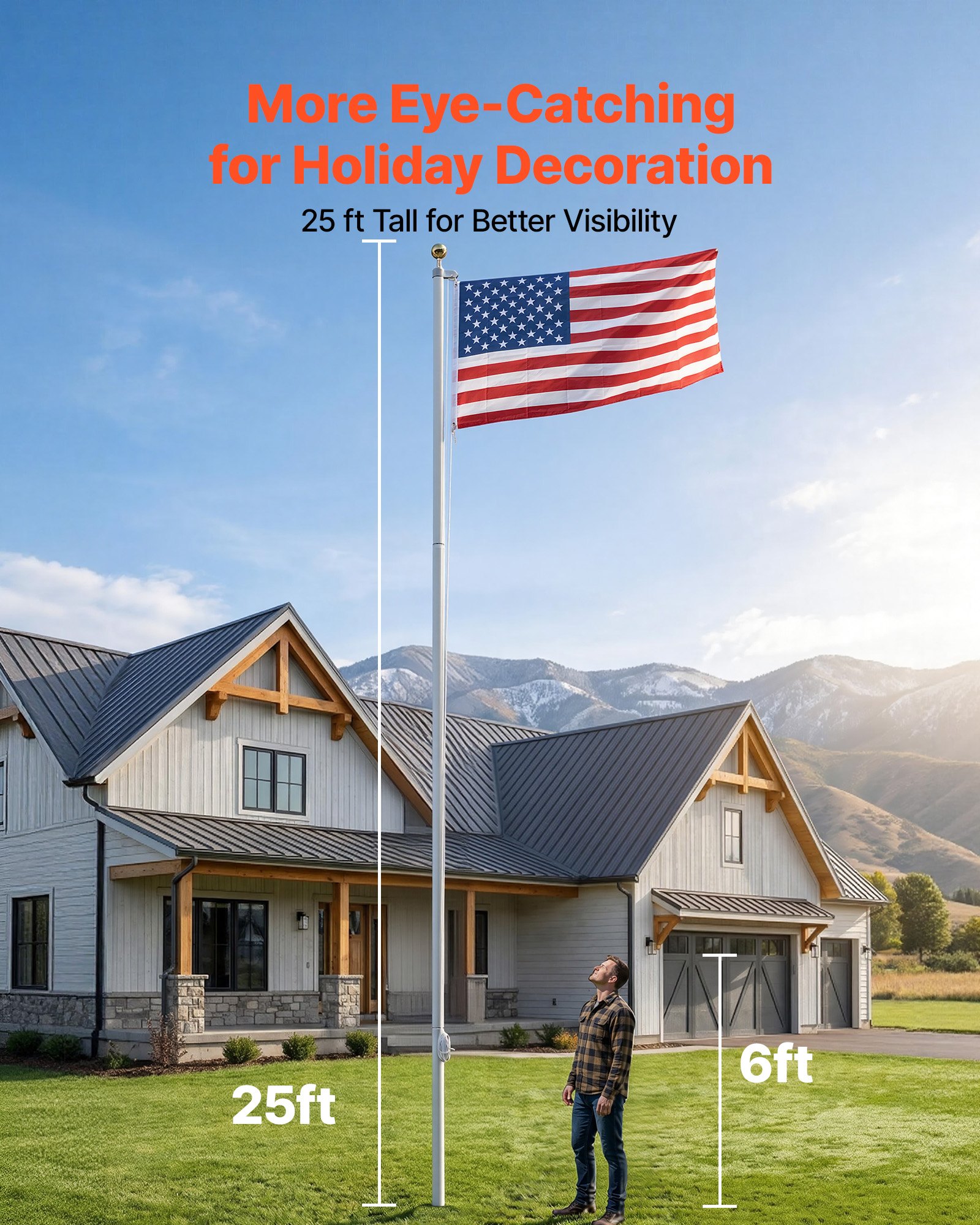 VEVOR Flag Pole, 25ft Heavy Duty Sectional Flagpole Kit for Outside House In Ground, Extra Thick Outdoor Aluminum Flagpole Kit with 3x5 American Flag for Yard, Residential or Commercial Use, Silver