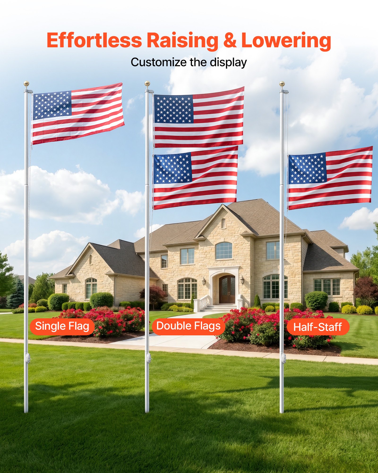VEVOR Flag Pole, 25ft Heavy Duty Sectional Flagpole Kit for Outside House In Ground, Extra Thick Outdoor Aluminum Flagpole Kit with 3x5 American Flag for Yard, Residential or Commercial Use, Silver