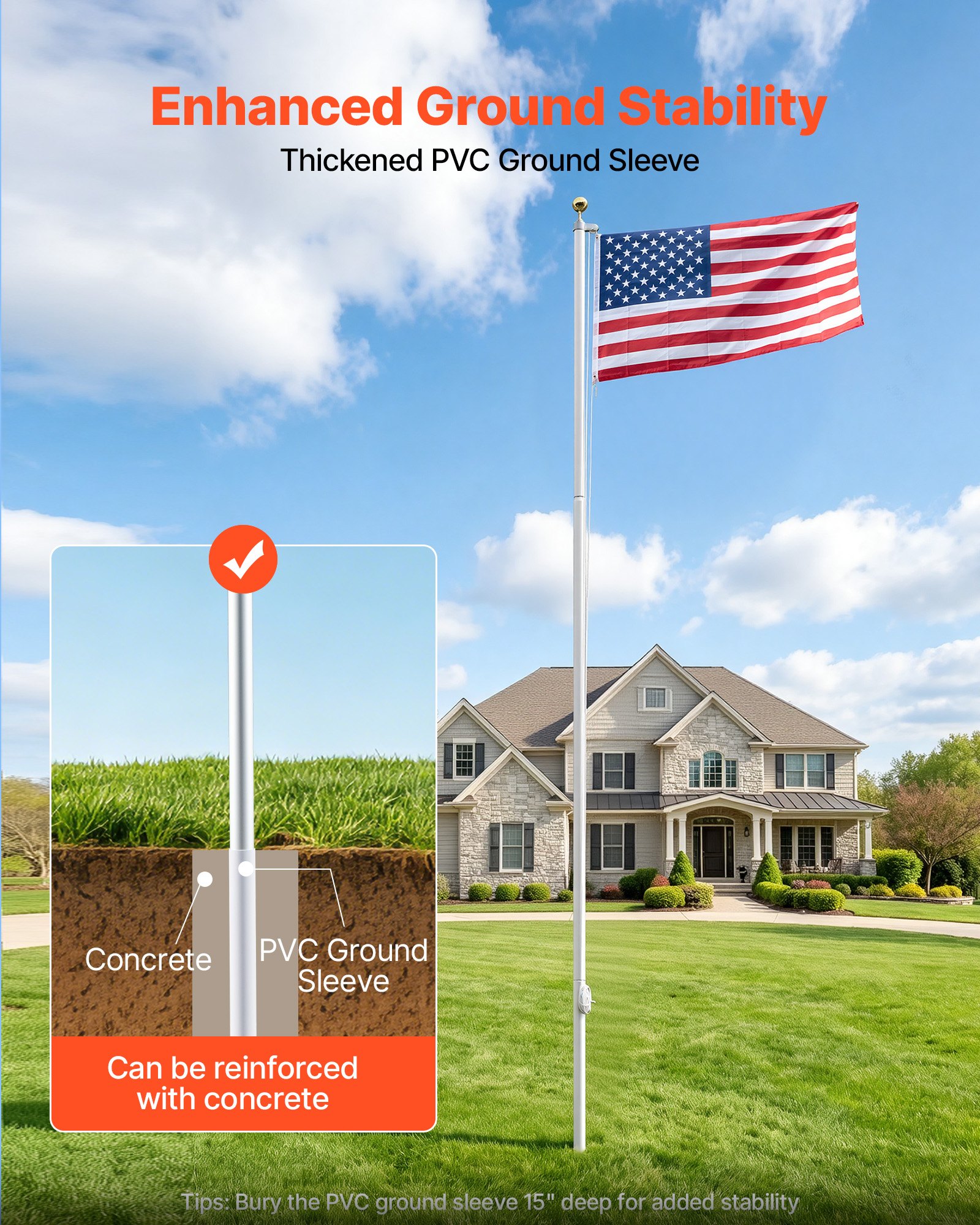 VEVOR Flag Pole, 25ft Heavy Duty Sectional Flagpole Kit for Outside House In Ground, Extra Thick Outdoor Aluminum Flagpole Kit with 3x5 American Flag for Yard, Residential or Commercial Use, Silver