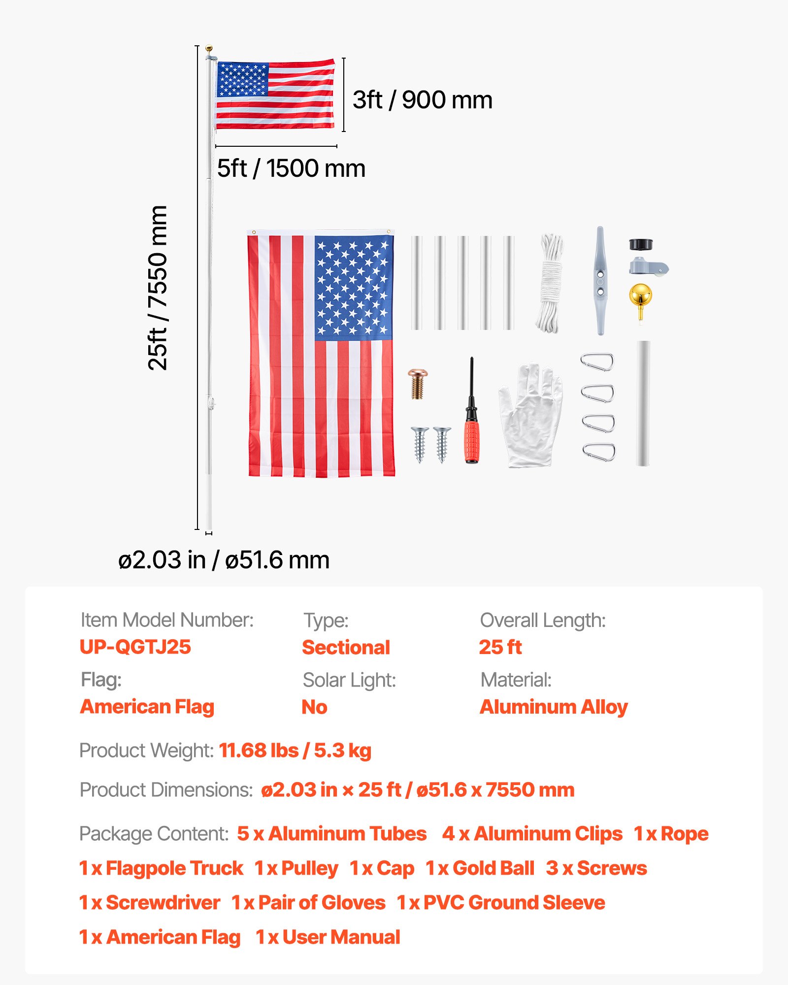 VEVOR Flag Pole, 25ft Heavy Duty Sectional Flagpole Kit for Outside House In Ground, Extra Thick Outdoor Aluminum Flagpole Kit with 3x5 American Flag for Yard, Residential or Commercial Use, Silver