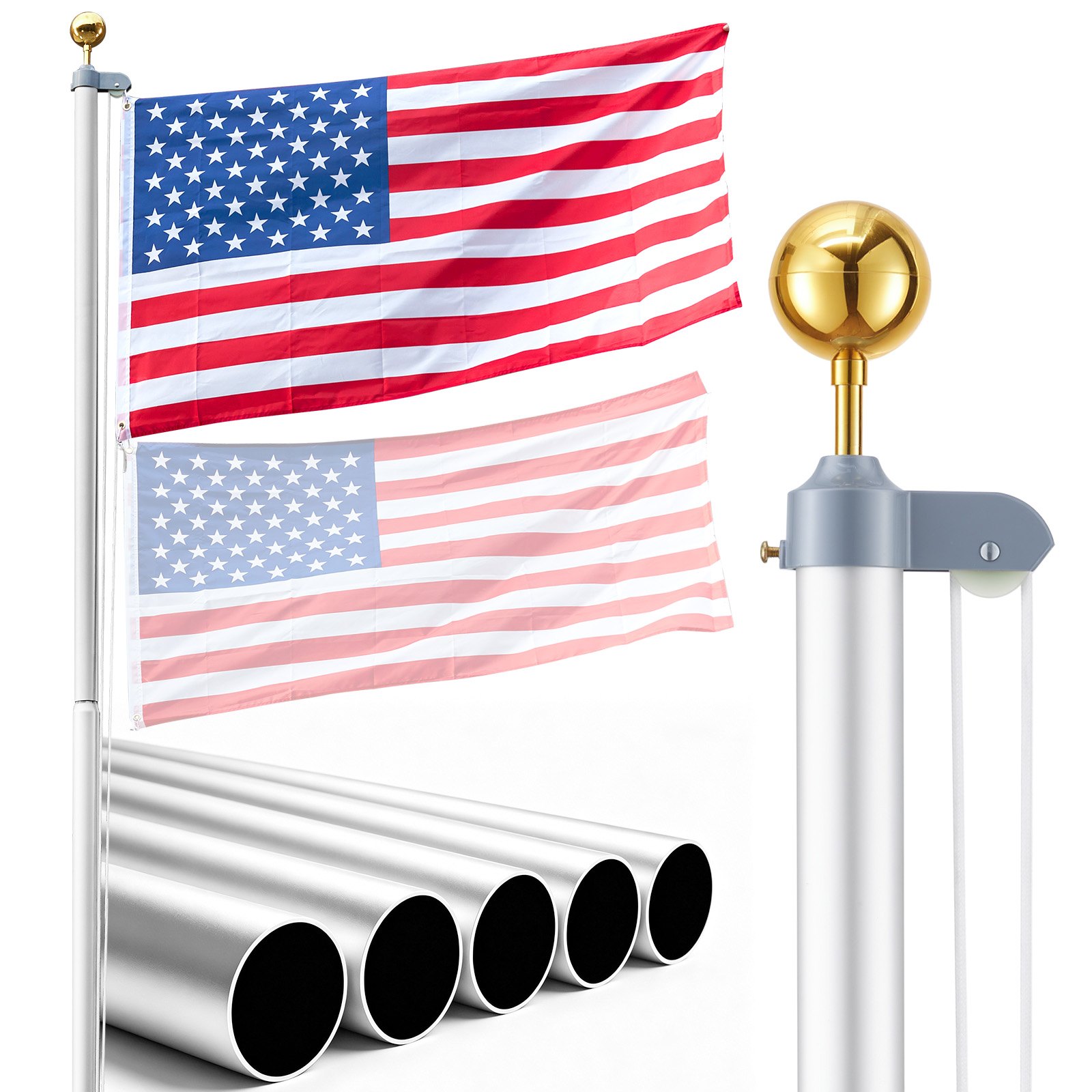VEVOR Flag Pole, 25ft Heavy Duty Sectional Flagpole Kit for Outside House In Ground, Extra Thick Outdoor Aluminum Flagpole Kit with 3x5 American Flag for Yard, Residential or Commercial Use, Silver