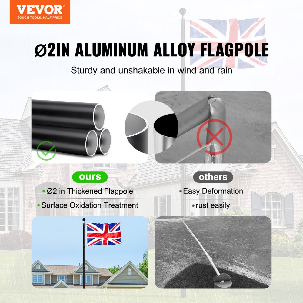 VEVOR 20FT Telescopic Flagpole Kit, Heavy Duty Aluminum Alloy Flag Pole Kit in Ground for Outside, 3 Display Modes Flagpole with Professional Accessories, British Flag, Black