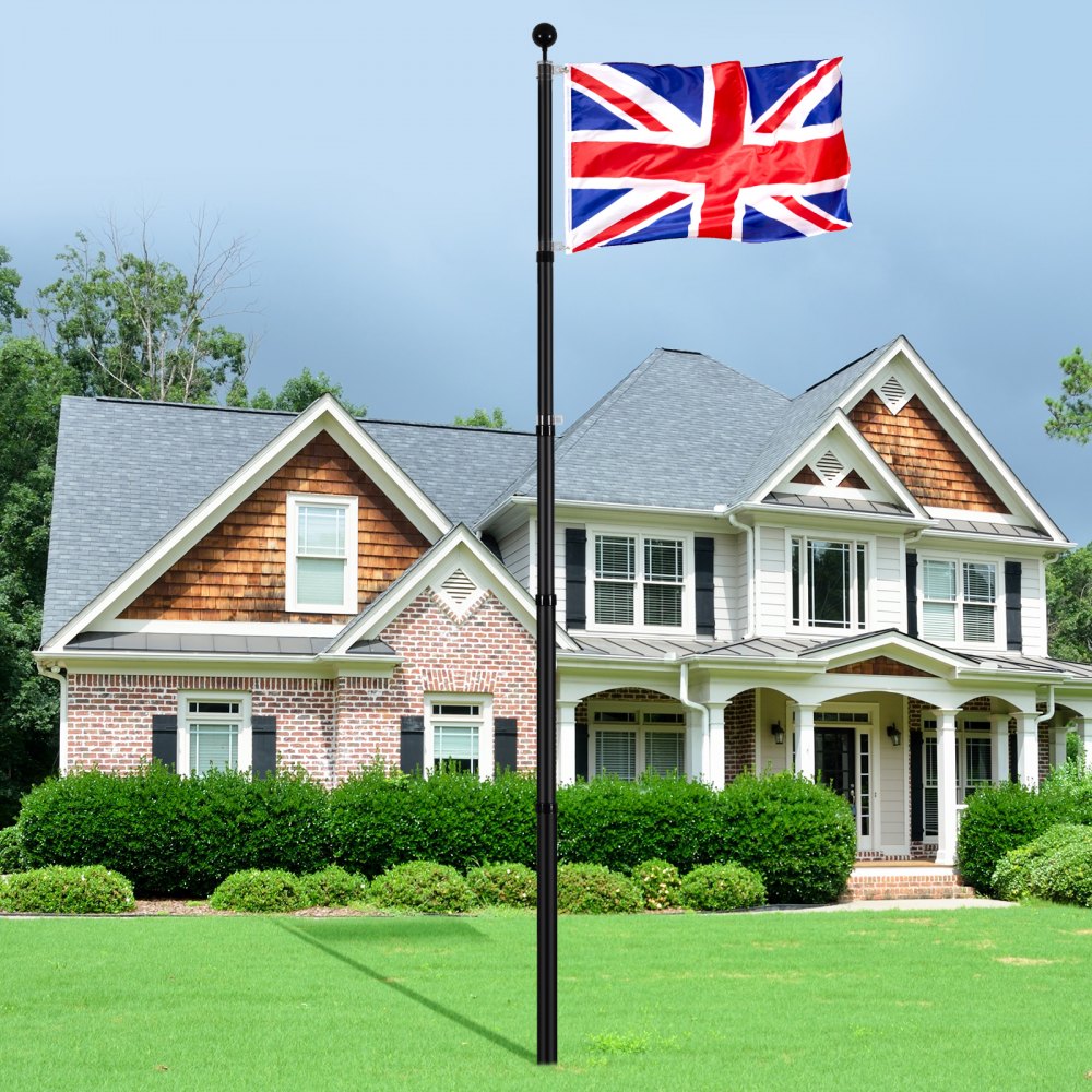 VEVOR 20FT Telescopic Flagpole Kit, Heavy Duty Aluminum Alloy Flag Pole Kit in Ground for Outside, 3 Display Modes Flagpole with Professional Accessories, British Flag, Black