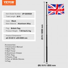 VEVOR 20FT Telescopic Flagpole Kit Heavy Duty Aluminum Flag Pole British Black