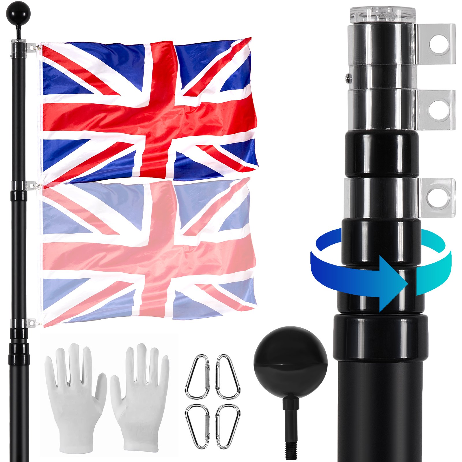VEVOR 20FT Telescopic Flagpole Kit, Heavy Duty Aluminum Alloy Flag Pole Kit in Ground for Outside, 3 Display Modes Flagpole with Professional Accessories, British Flag, Black