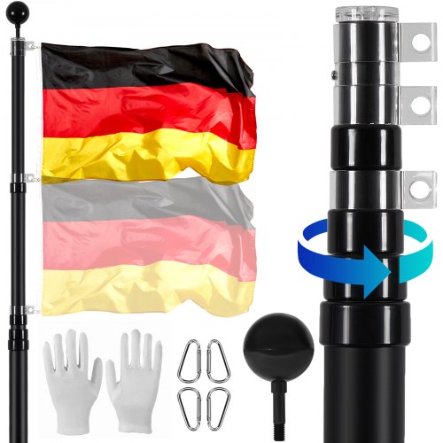 VEVOR 20FT Telescopic Flagpole Kit, Heavy Duty Aluminum Alloy Flag Pole Kit in Ground for Outside, 3 Display Modes Flagpole with Professional Accessories, German Flag, Black