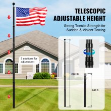 VEVOR 20FT Telescopic Flagpole Kit, Heavy Duty Aluminum Alloy Flag Pole Kit in Ground for Outside, 3 Display Modes Flagpole with Professional Accessories, Black