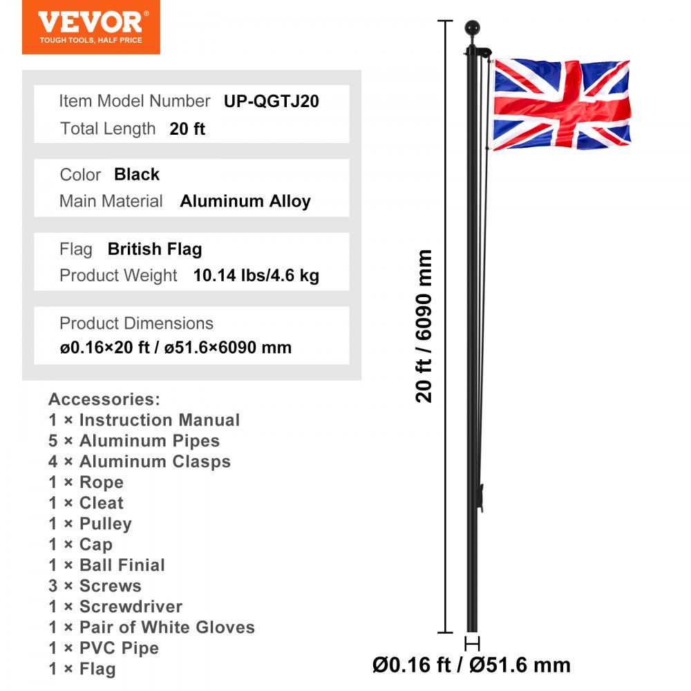 VEVOR 20FT Detachable Flagpole Kit, Heavy Duty Aluminum Alloy Flag Pole Kit in Ground for Outdoor, 3 Display Modes Flagpole with Professional Accessories, British Flag, Black
