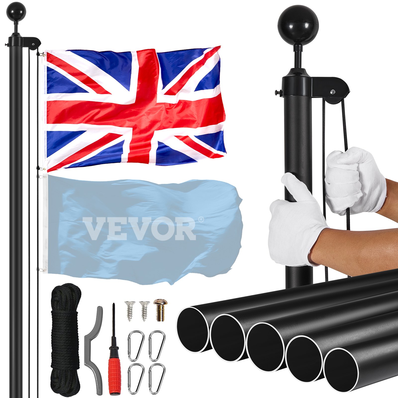 VEVOR 20FT Detachable Flagpole Kit, Heavy Duty Aluminum Alloy Flag Pole Kit in Ground for Outdoor, 3 Display Modes Flagpole with Professional Accessories, British Flag, Black