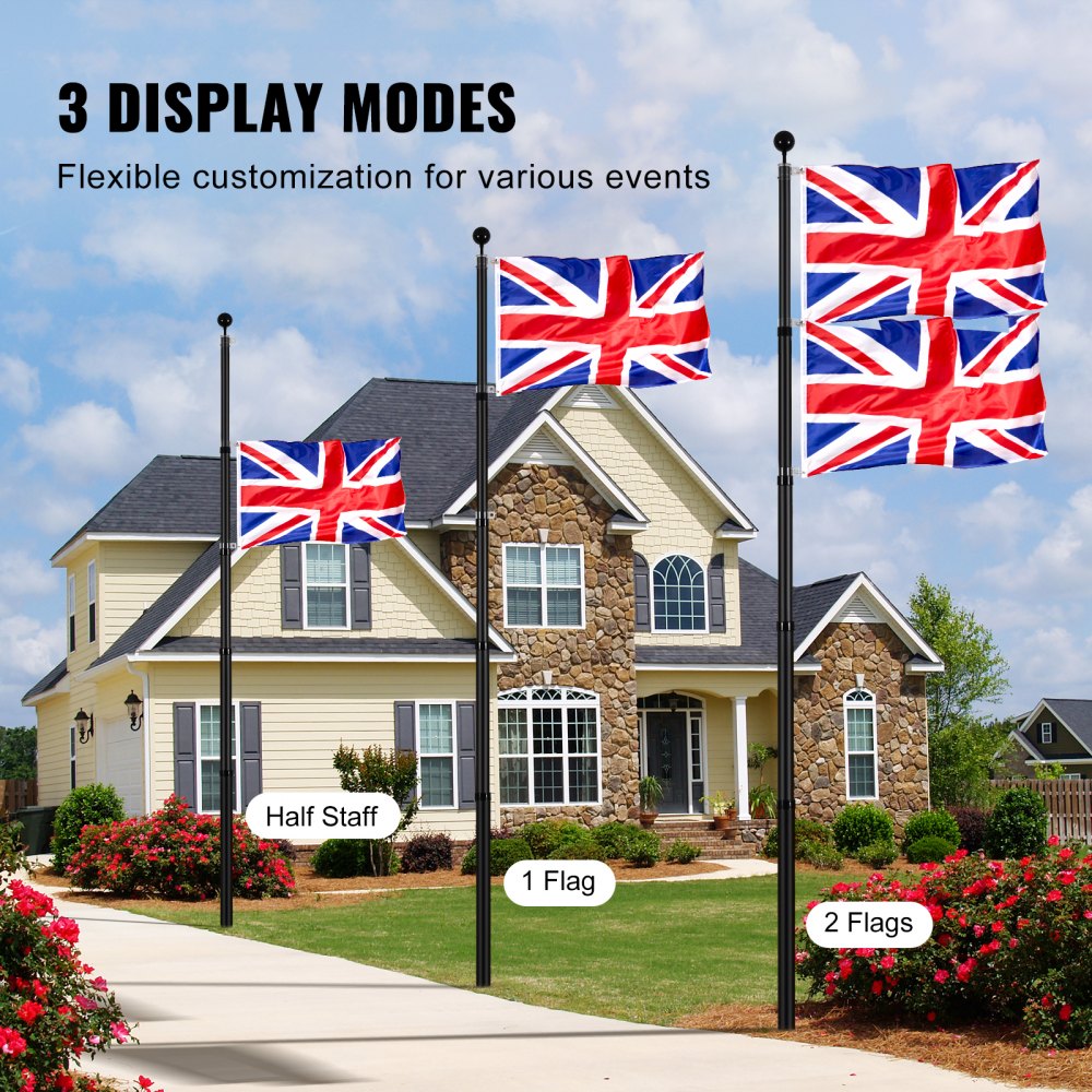 VEVOR 25FT Telescopic Flagpole Kit, Heavy Duty Aluminum Alloy Flag Pole Kit in Ground for Outside, 3 Display Modes Flagpole with Professional Accessories, British Flag, Black