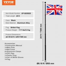 VEVOR 25FT Telescopic Flagpole Kit Heavy Duty Aluminum Flag Pole British Black